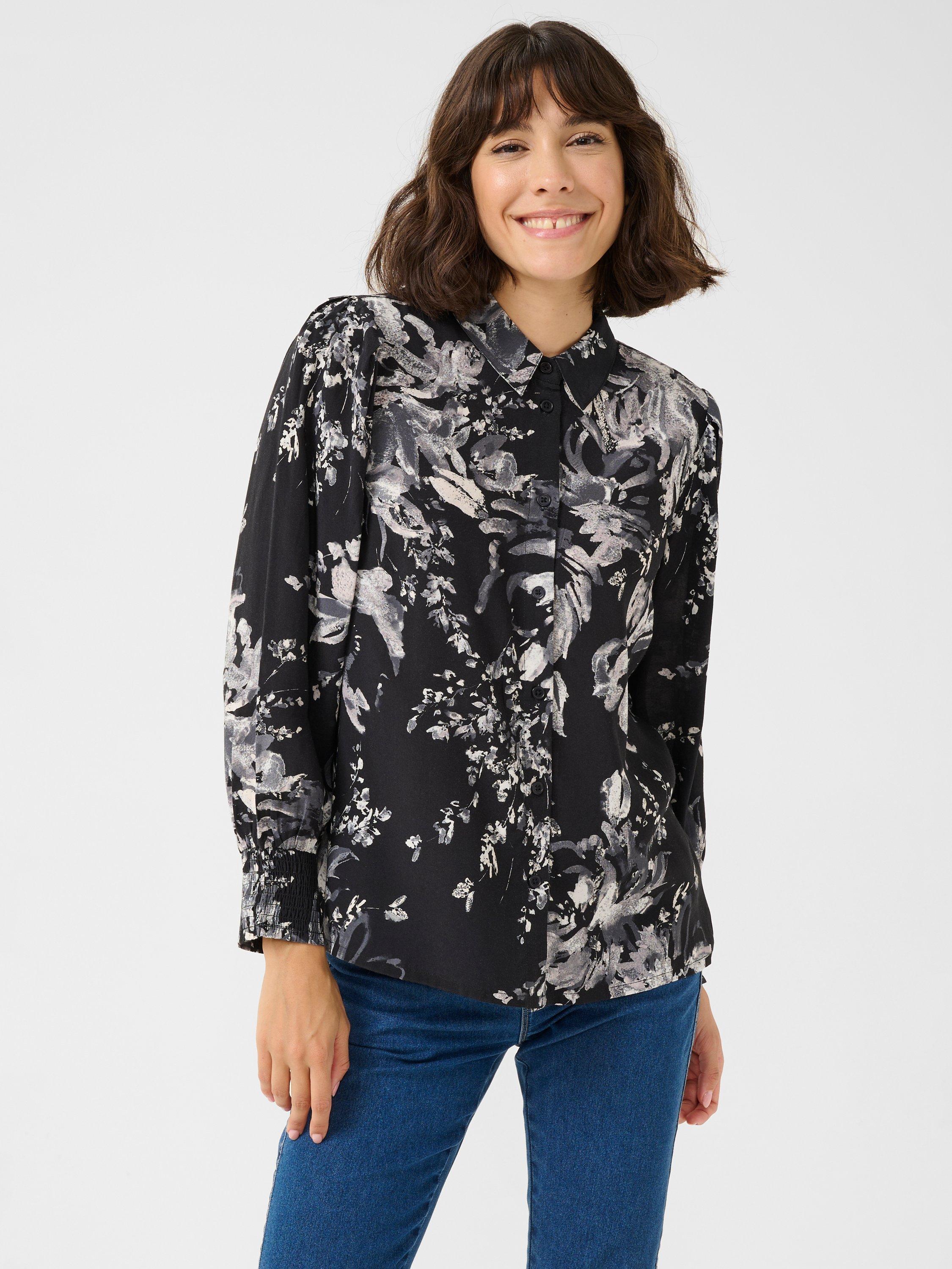 Product image 1 of 5, which shows KAFFE Kaisa Floral Shirt, Black/White, 12