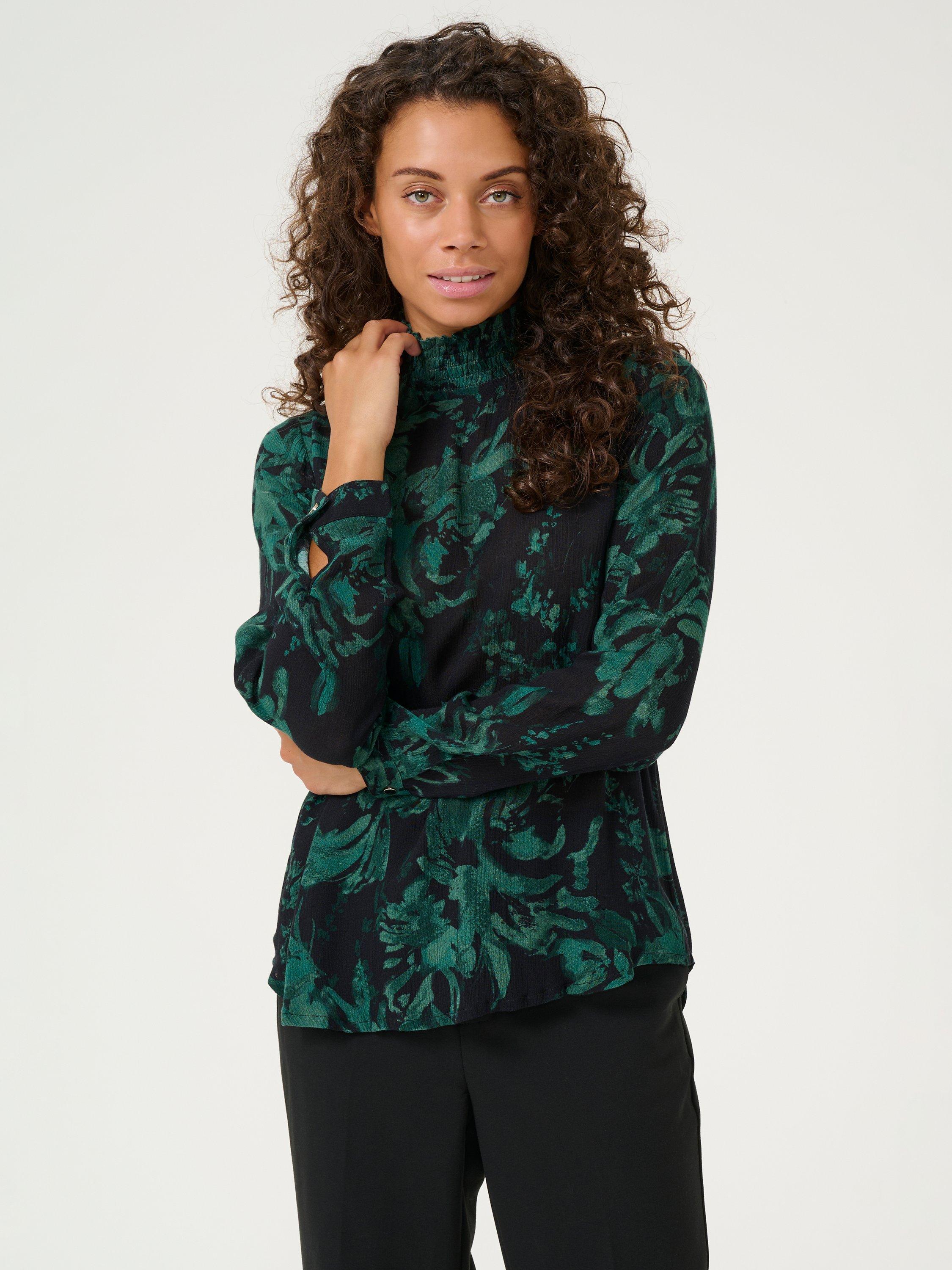 Product image 1 of 5, which shows KAFFE Amber Floral High Smock Neck Blouse, Black/Green, 10