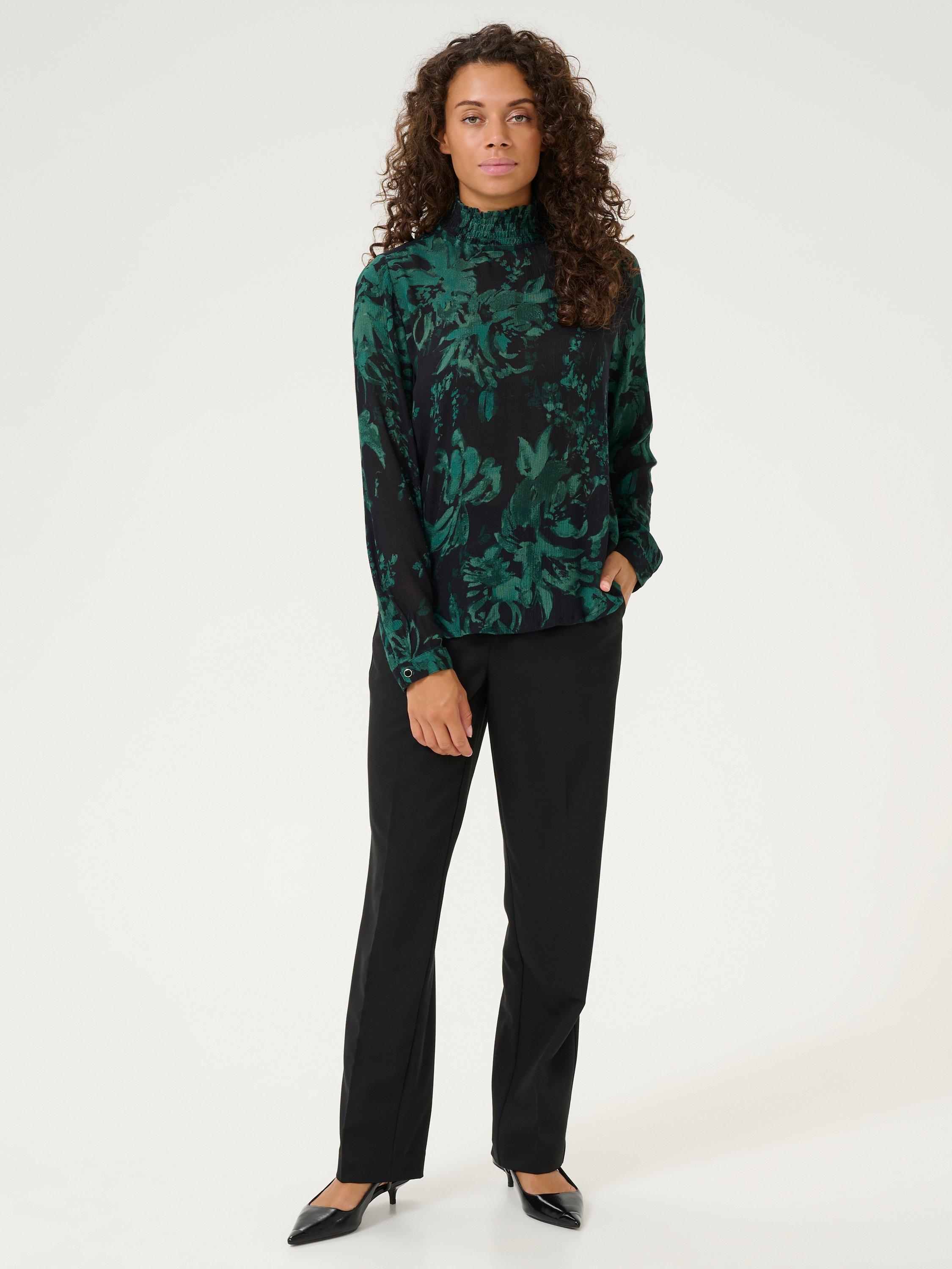Product image 3 of 5, which shows KAFFE Amber Floral High Smock Neck Blouse, Black/Green, 10