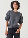 HUSH Demi Puff Cable Sleeve Knitted Top, Mid Grey Marl