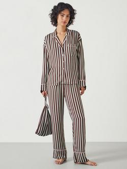 HUSH Angelina Satin Modal Stripe Pyjamas, Mint Brown Stripe, Mint Brown Stripe