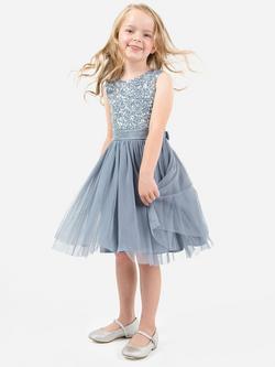Maya Deluxe Kids' Sequin Sleeveless Midi Dress, Dusty Blue