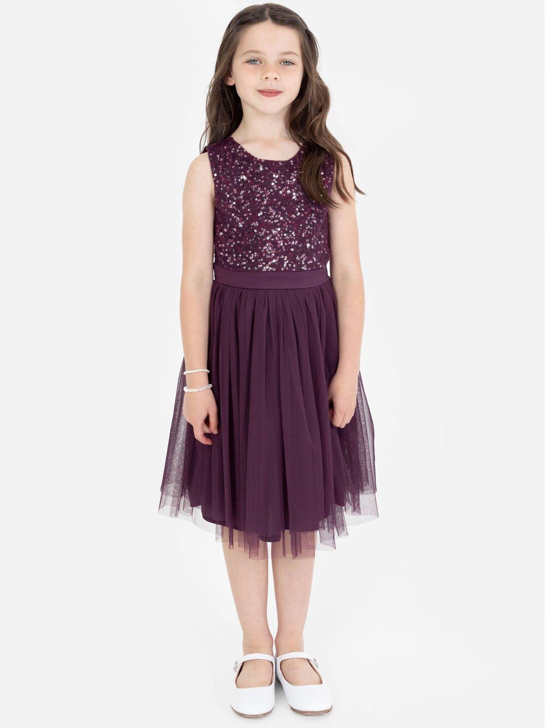 Product image 1 of 4, which shows Maya Deluxe Kids' Sequin Sleeveless Midi Dress, Berry, 3-4 years