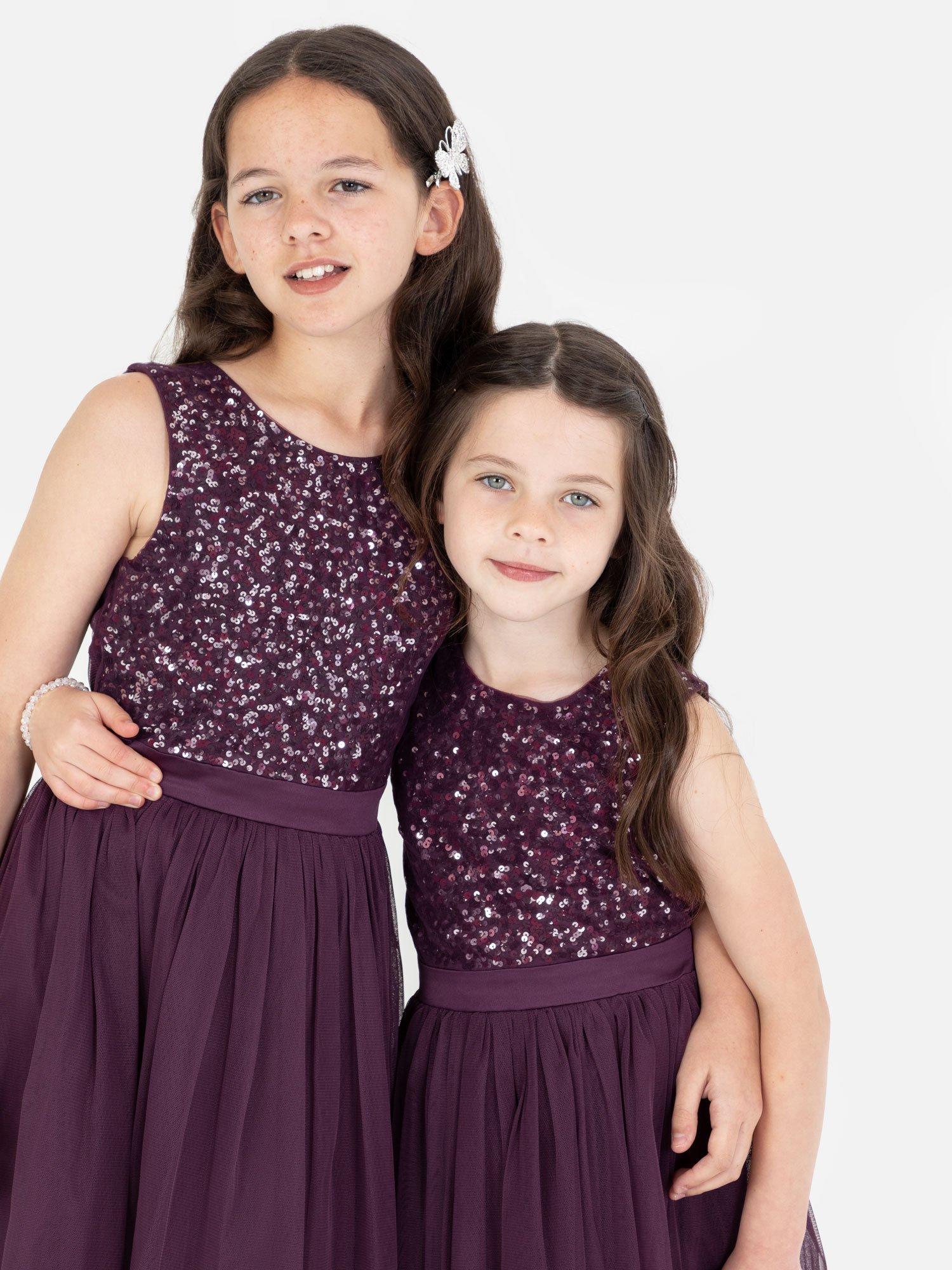 Product image 2 of 4, which shows Maya Deluxe Kids' Sequin Sleeveless Midi Dress, Berry, 3-4 years