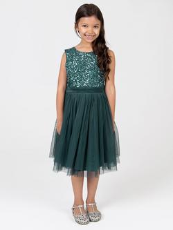 Maya Deluxe Kids' Sequin Sleeveless Midi Dress, Emerald