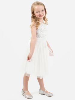 Maya Deluxe Kids' Sequin Sleeveless Midi Dress, Ivory