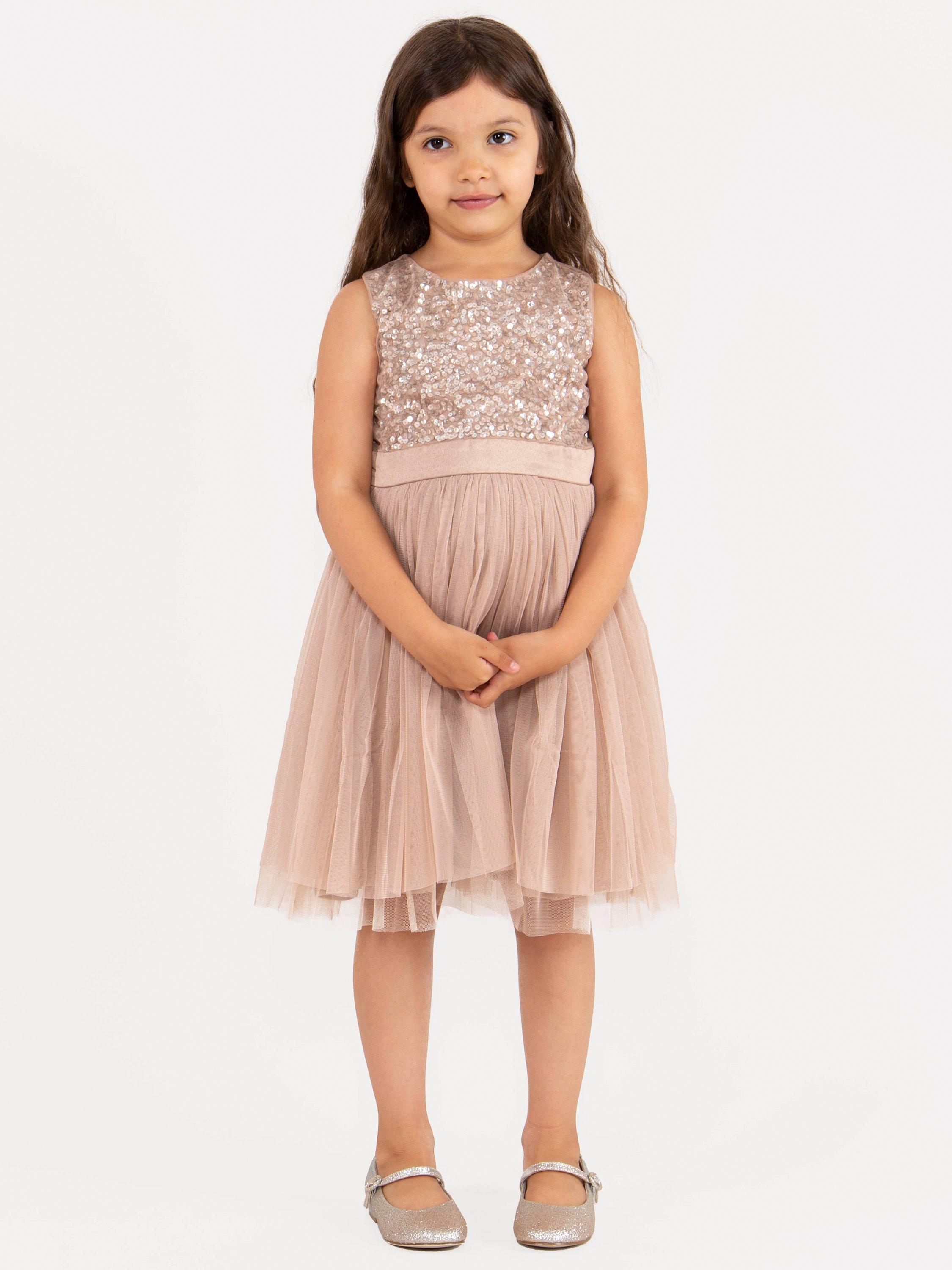 Product image 1 of 3, which shows Maya Deluxe Kids' Sequin Sleeveless Midi Dress, Taupe Blush, 3-4 years