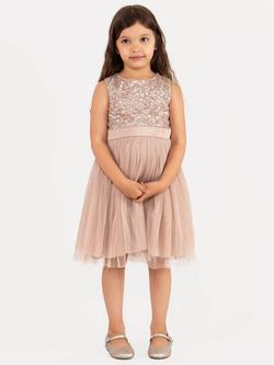 Maya Deluxe Kids' Sequin Sleeveless Midi Dress, Taupe Blush