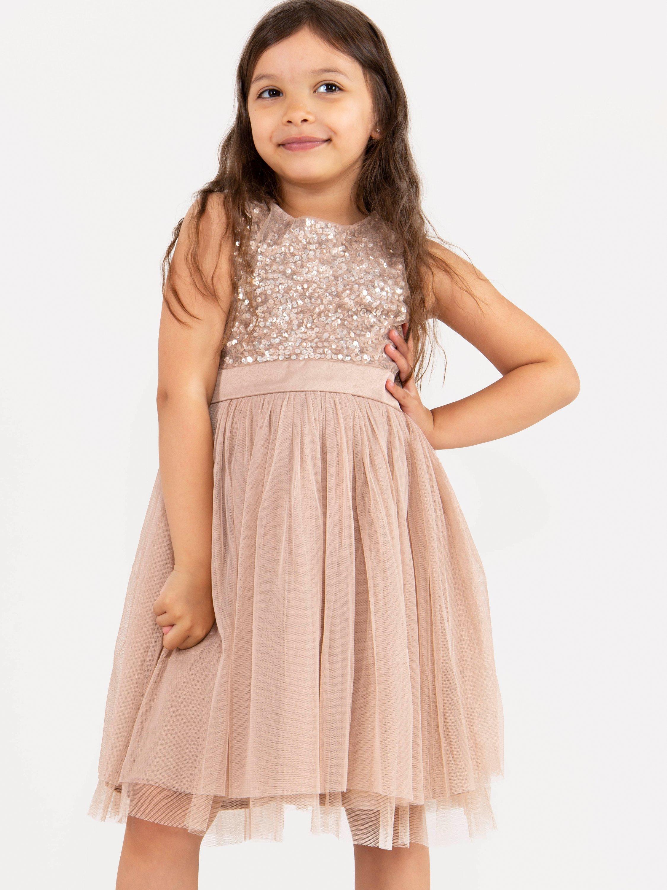Product image 3 of 3, which shows Maya Deluxe Kids' Sequin Sleeveless Midi Dress, Taupe Blush, 3-4 years