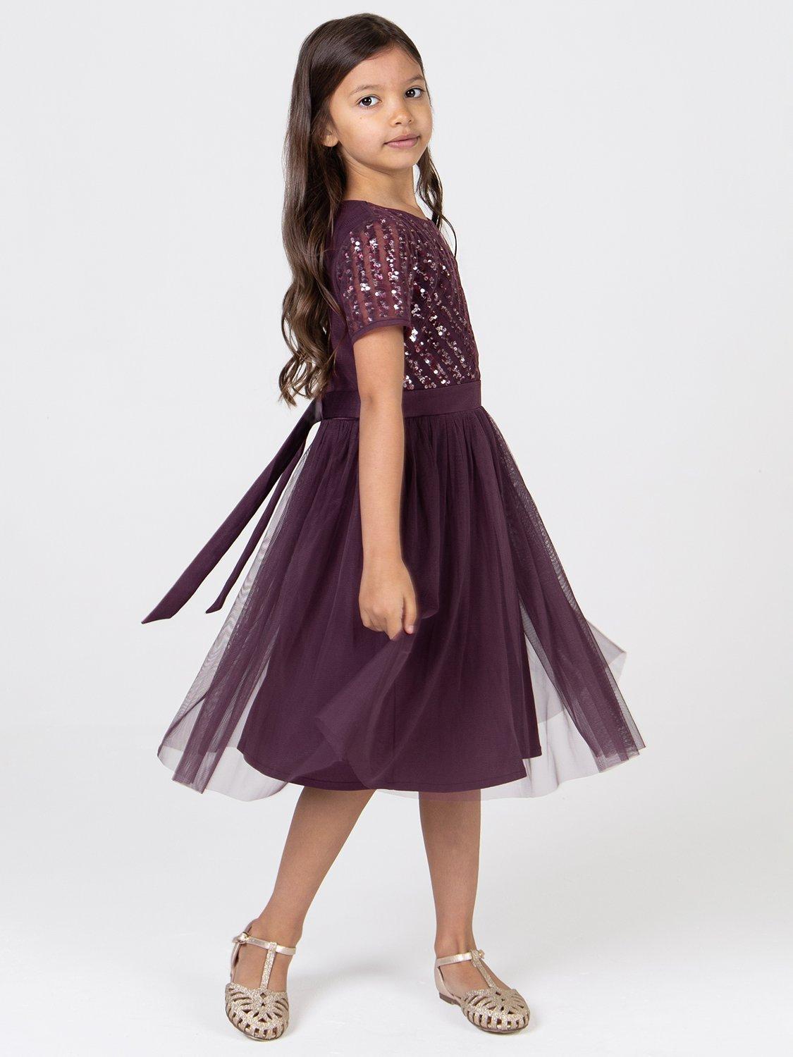 Product image 2 of 3, which shows Maya Deluxe Kids' Sequin Midi Dress, Berry, 3-4 years