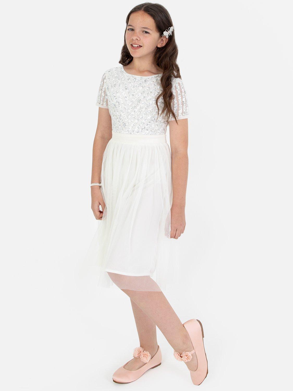 Product image 1 of 4, which shows Maya Deluxe Kids' Sequin Midi Dress, Ivory, 3-4 years