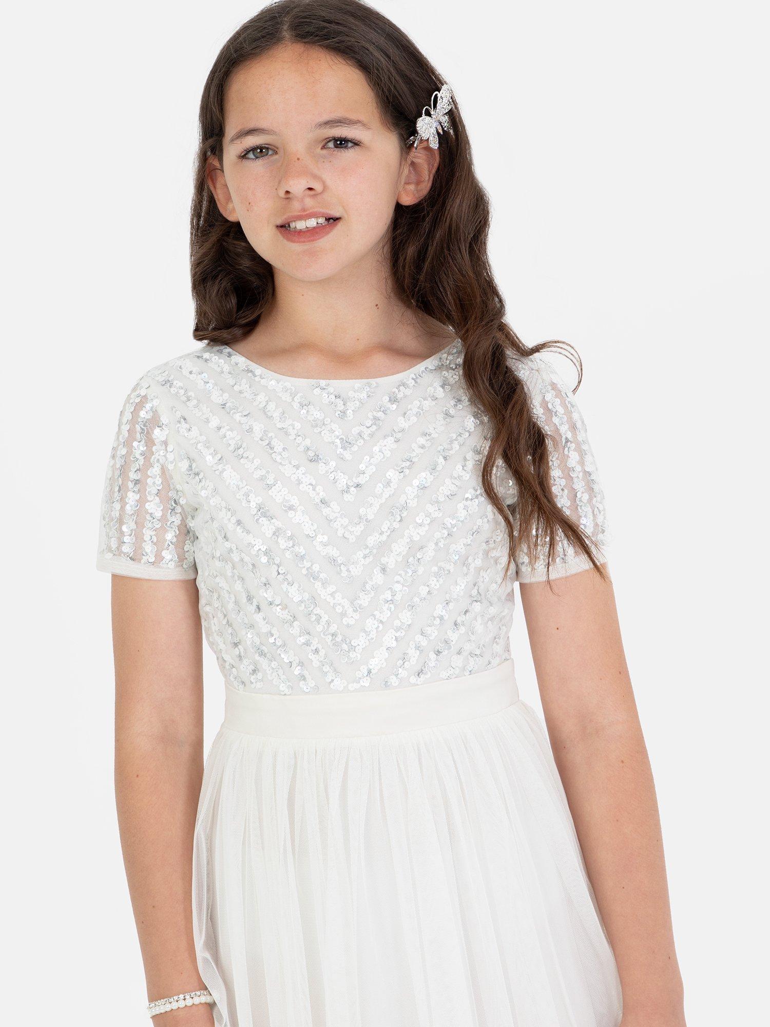 Product image 2 of 4, which shows Maya Deluxe Kids' Sequin Midi Dress, Ivory, 3-4 years