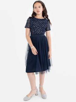 Maya Deluxe Kids' Sequin Midi Dress, Navy