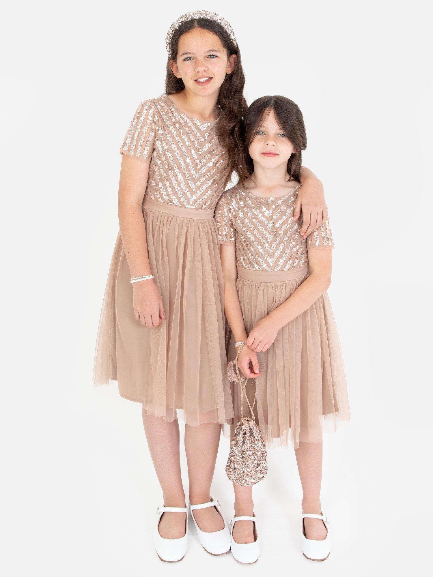 Product image 3 of 4, which shows Maya Deluxe Kids' Sequin Midi Dress, Taupe Blush, 3-4 years