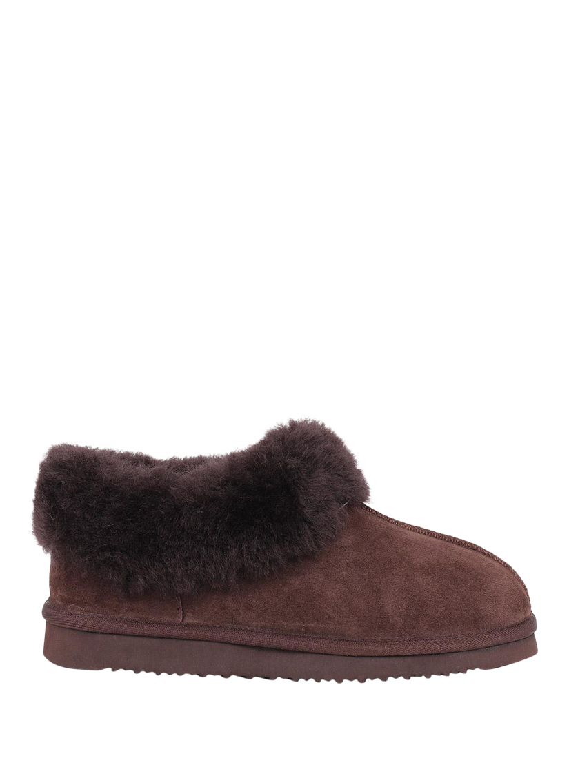 Product image 1 of 4, which shows Jones Bootmaker Fabiola Sheepskin Faux Fur Lined Slippers, Chocolate, 3