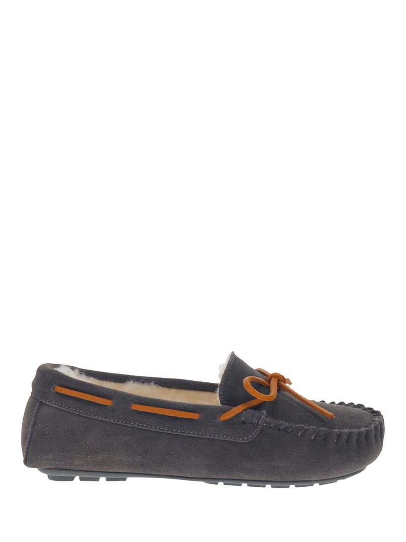 Product image 1 of 5, which shows Jones Bootmaker Ferne Suede Faux Fur Lined Moccasin Slippers, Grey, 3