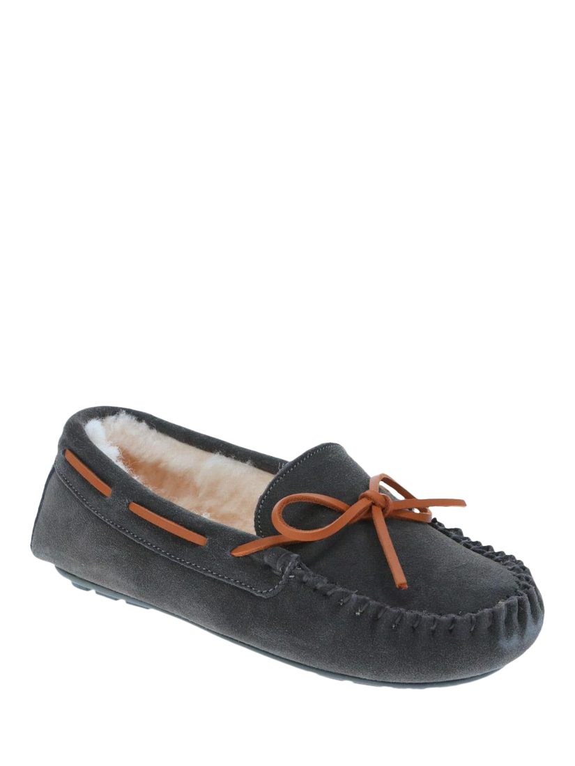 Product image 2 of 5, which shows Jones Bootmaker Ferne Suede Faux Fur Lined Moccasin Slippers, Grey, 3