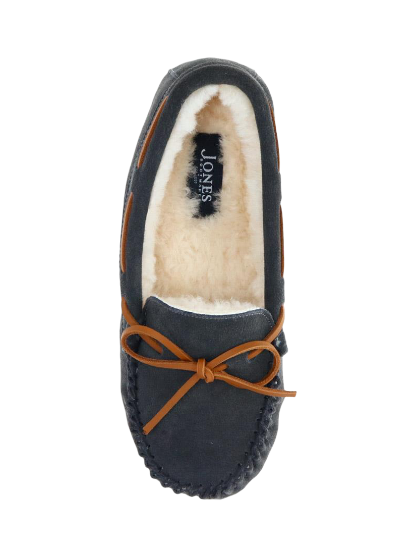 Product image 4 of 5, which shows Jones Bootmaker Ferne Suede Faux Fur Lined Moccasin Slippers, Grey, 3