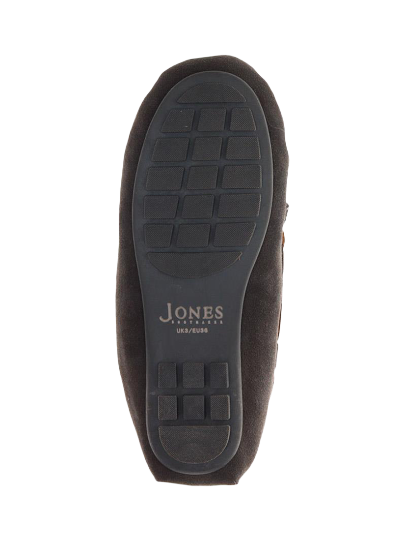 Product image 5 of 5, which shows Jones Bootmaker Ferne Suede Faux Fur Lined Moccasin Slippers, Grey, 3