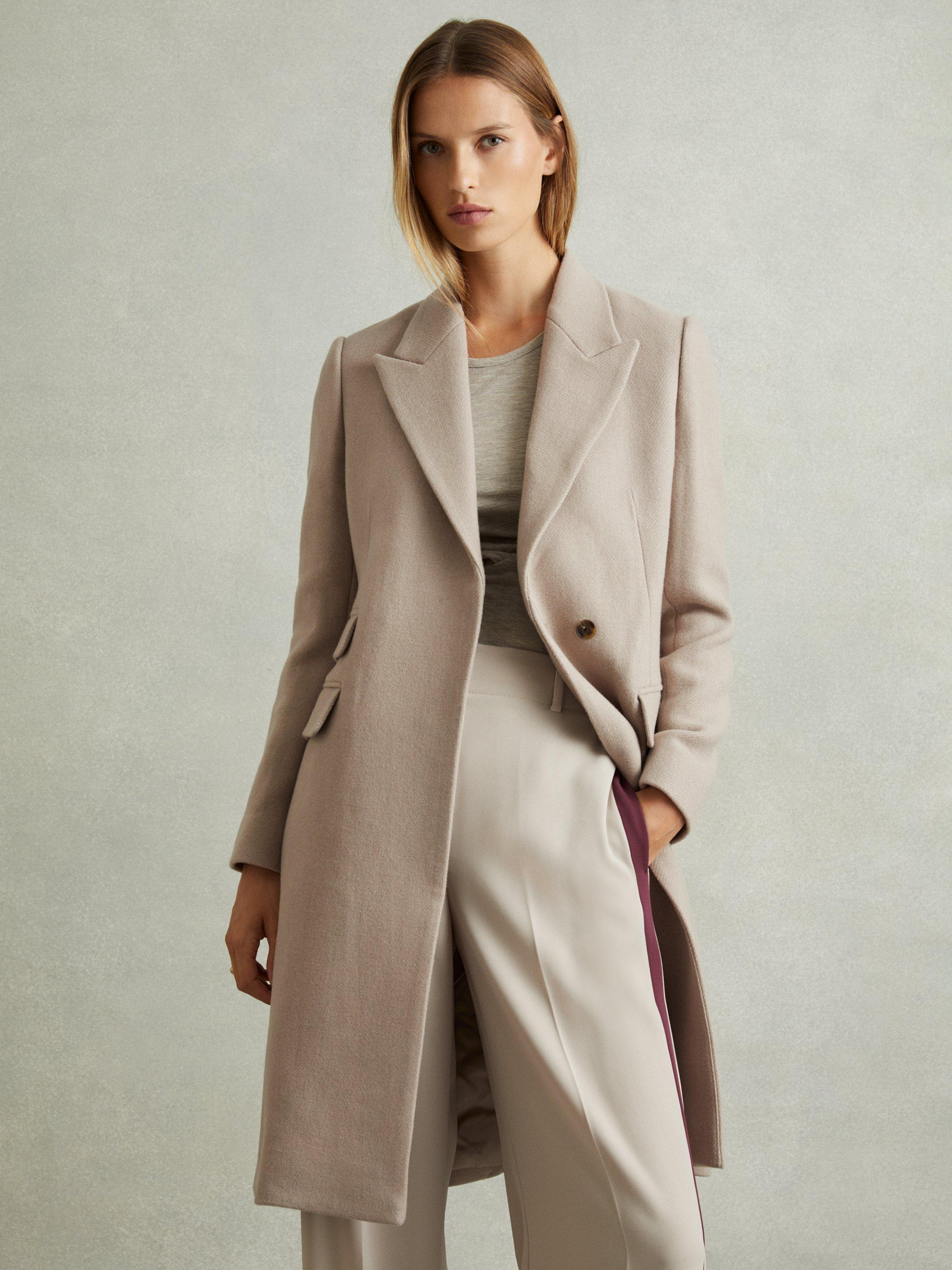 Product image 4 of 5, which shows Reiss Louis Wool Blend Longline Coat, Stone, 6