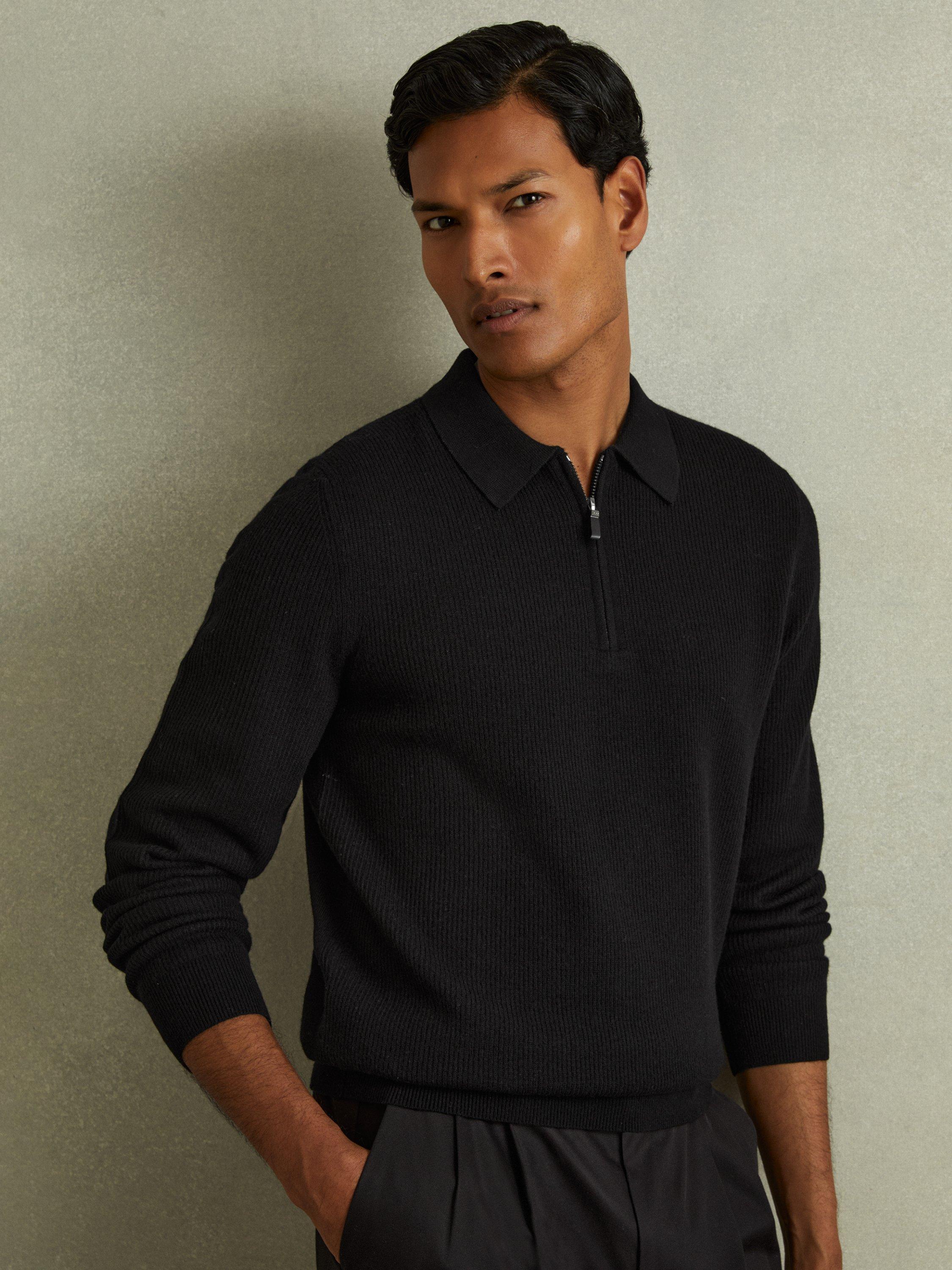 Reiss Regis Ribbed Wool Half Zip Polo Shirt