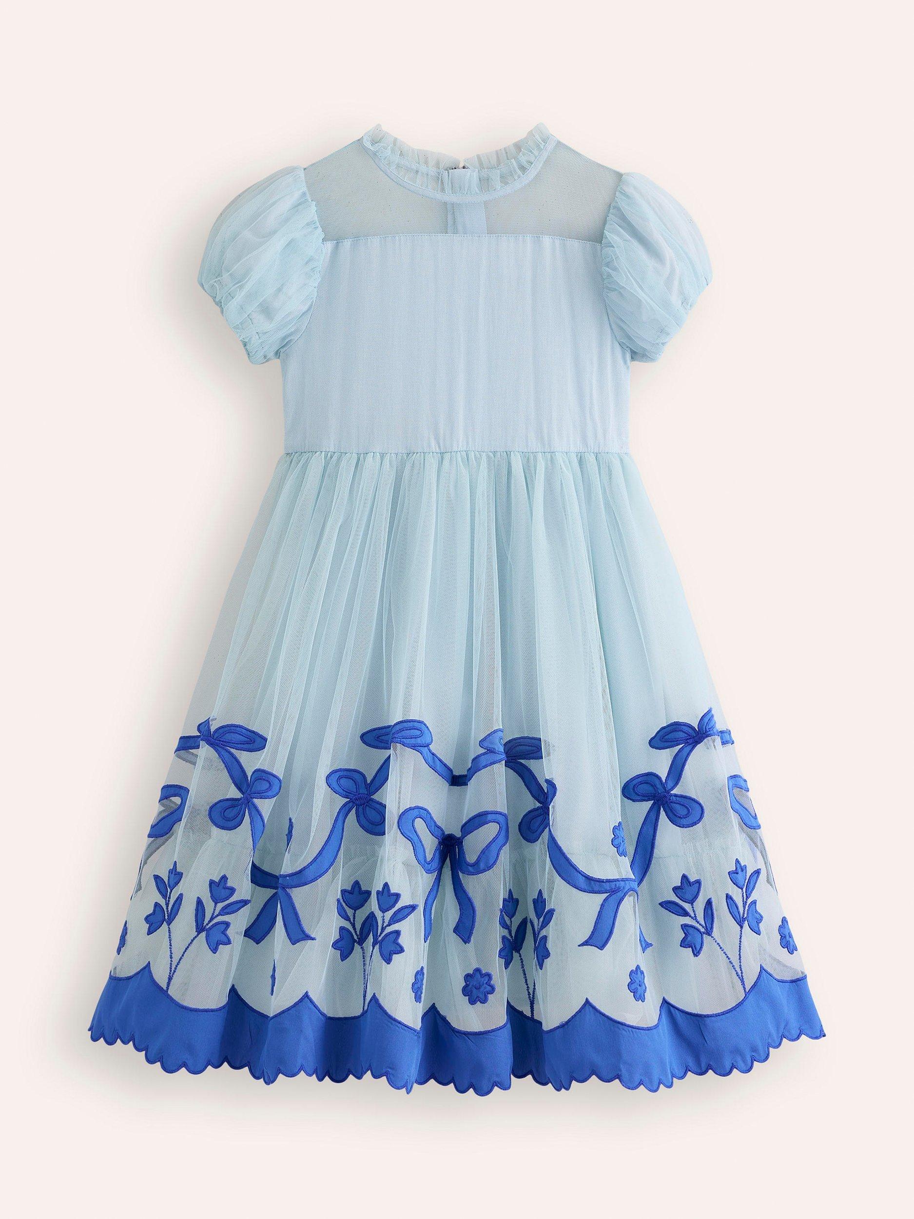 Mini Boden Kids' Applique Hem Tulle Dress, Vintage Blue