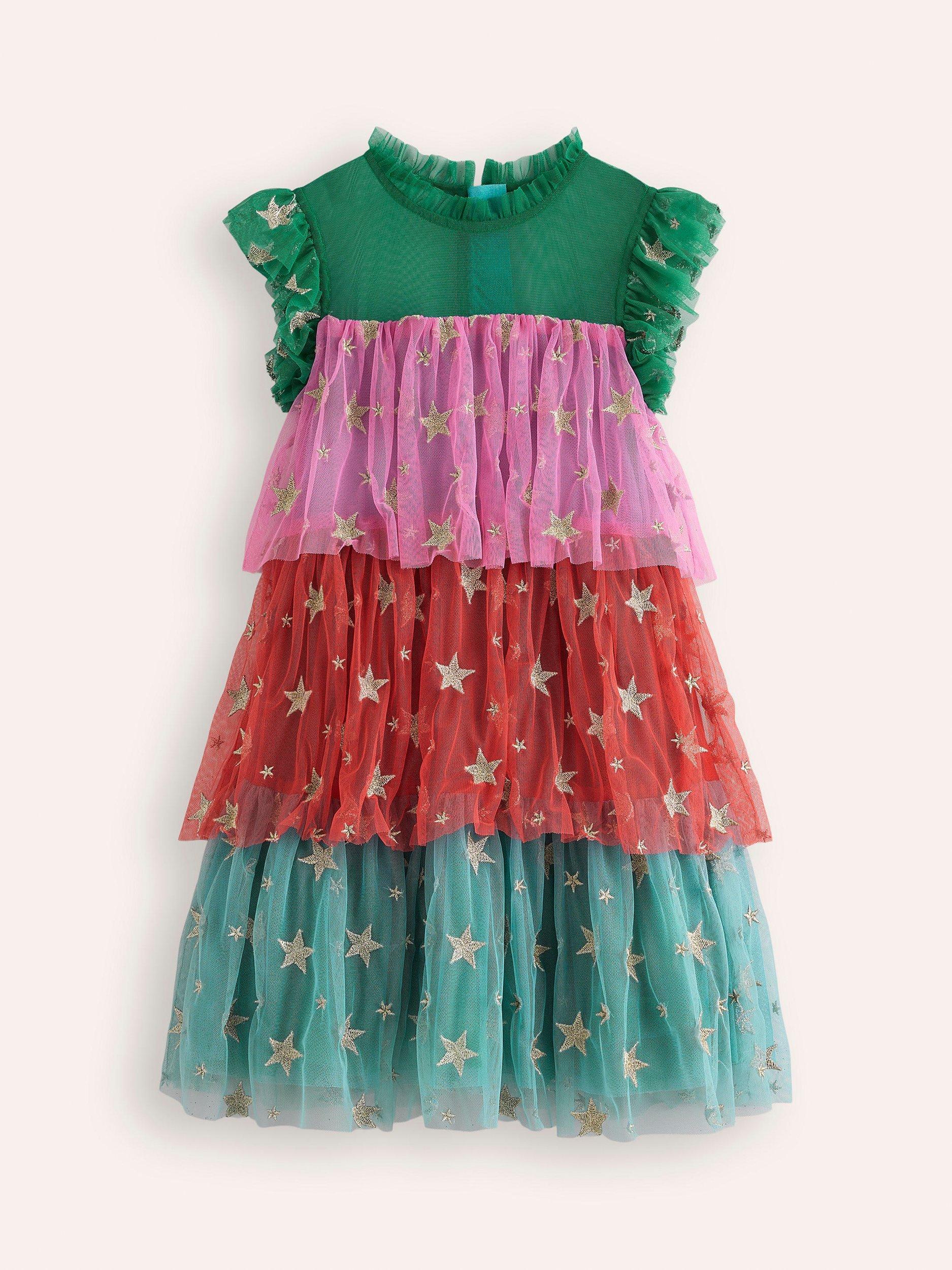 Mini Boden Kids' Star Tulle Tiered Dress, Multi Stars
