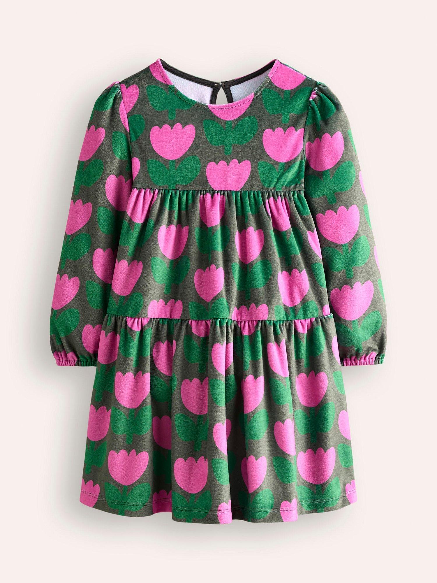 Mini Boden Kids' Tulip Print Tiered Dress, Classic Khaki Tulip