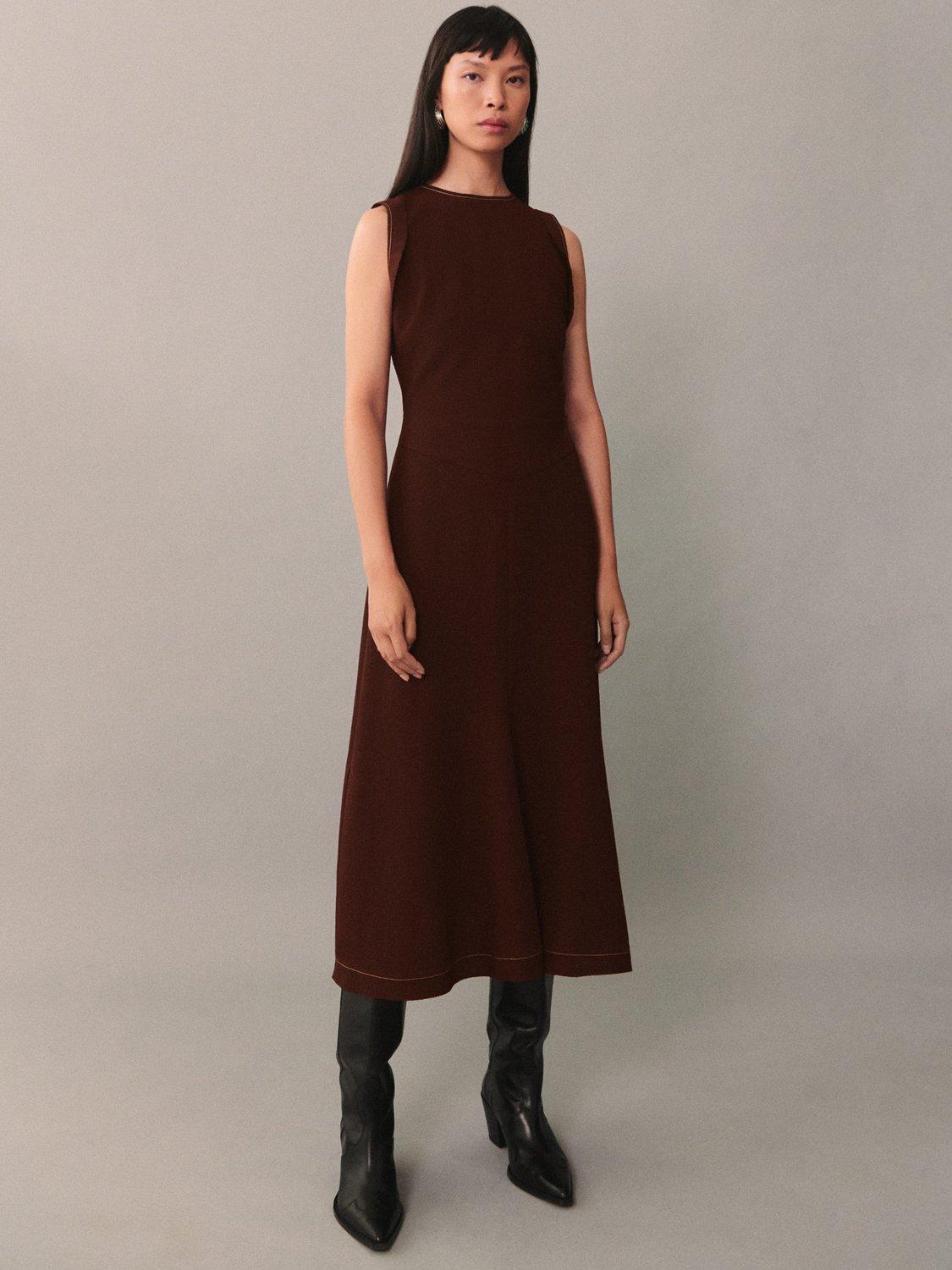 Mango Rita Contrast Stitch Midi Dress, Brown