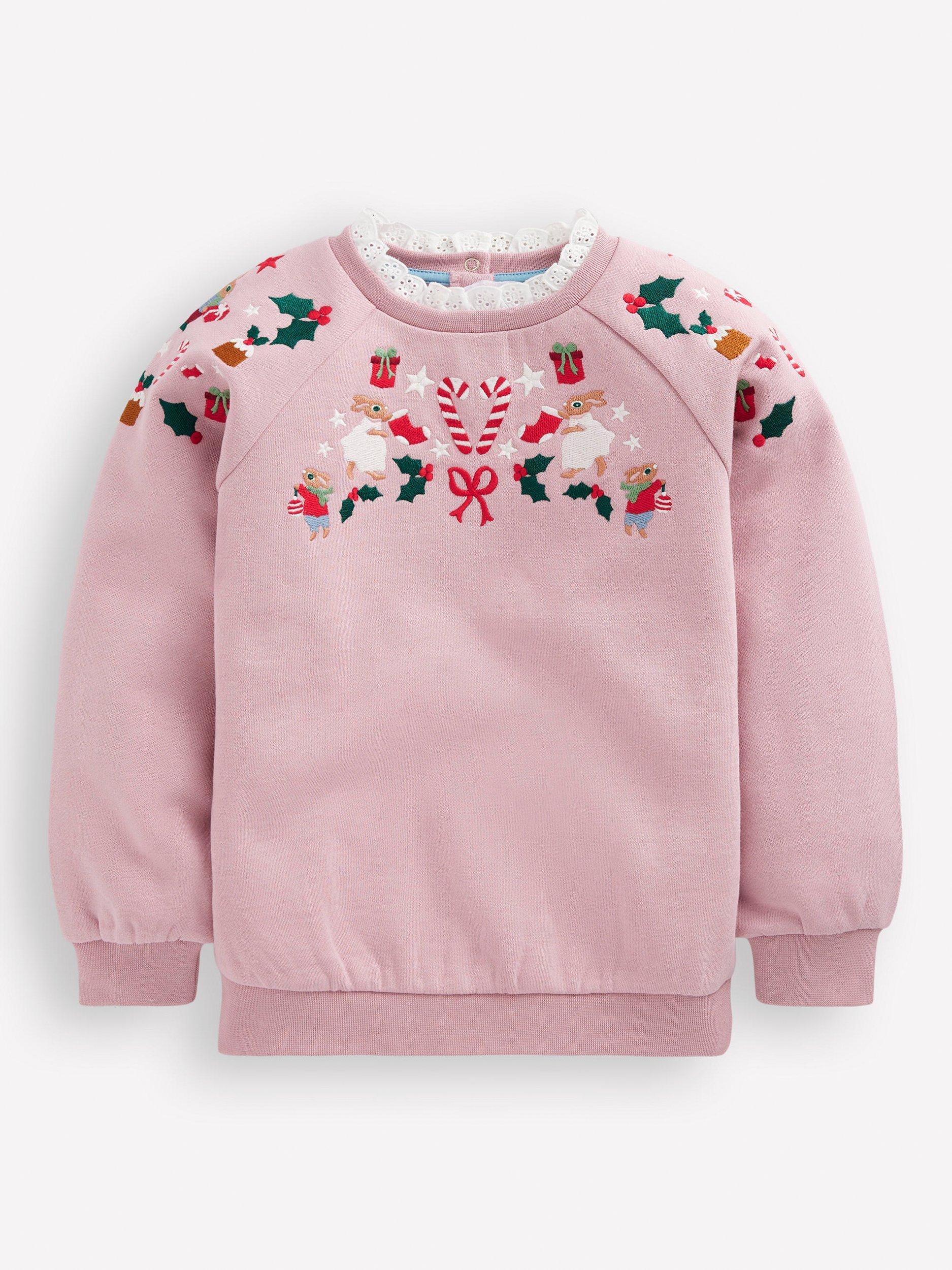 Mini Boden Kids Festive Embroidered Sweatshirt Vintage Pink