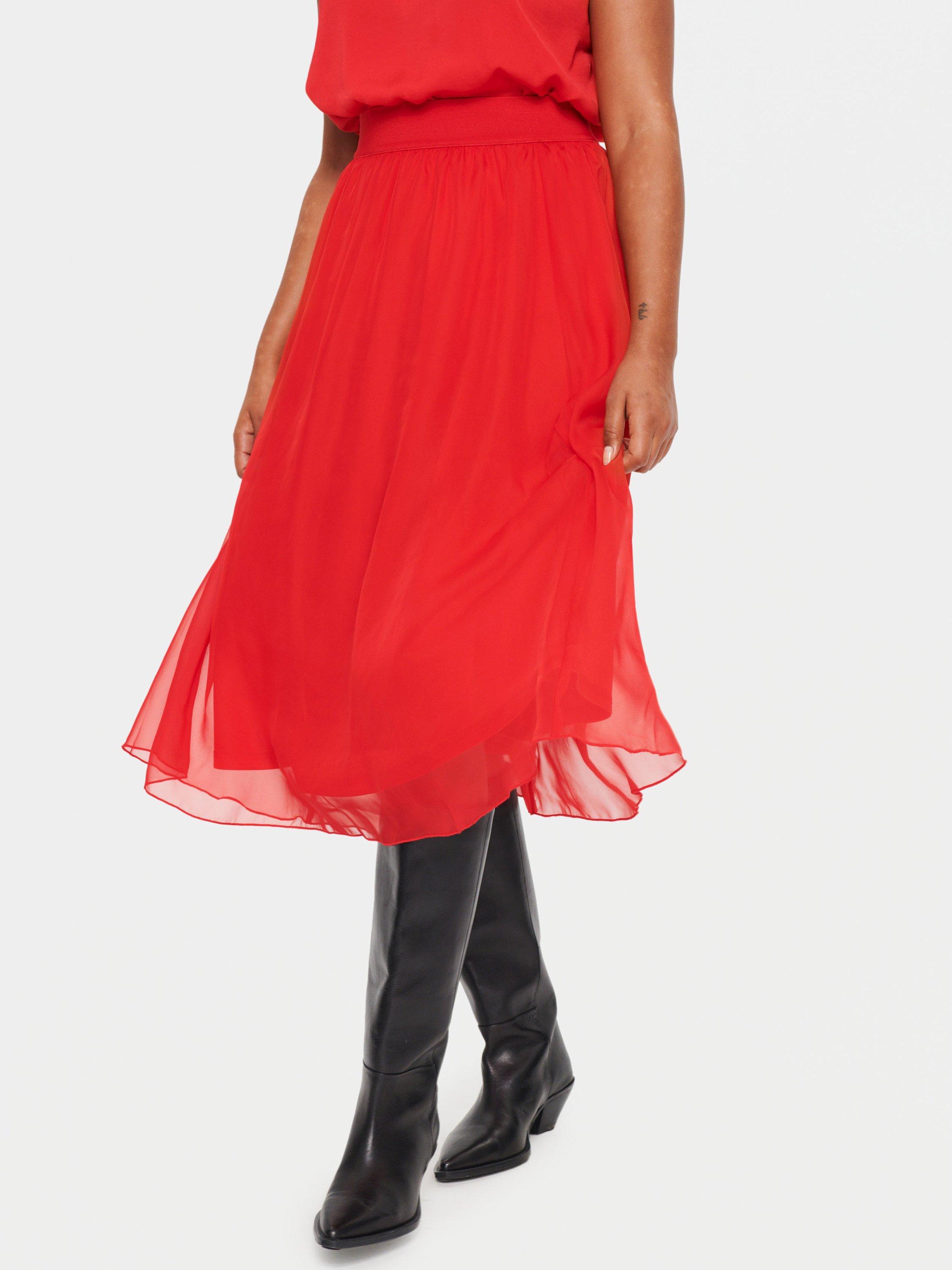Product image 1 of 6, which shows Saint Tropez Coral High Waisted Chiffon Midi Skirt, Racing Red, XS