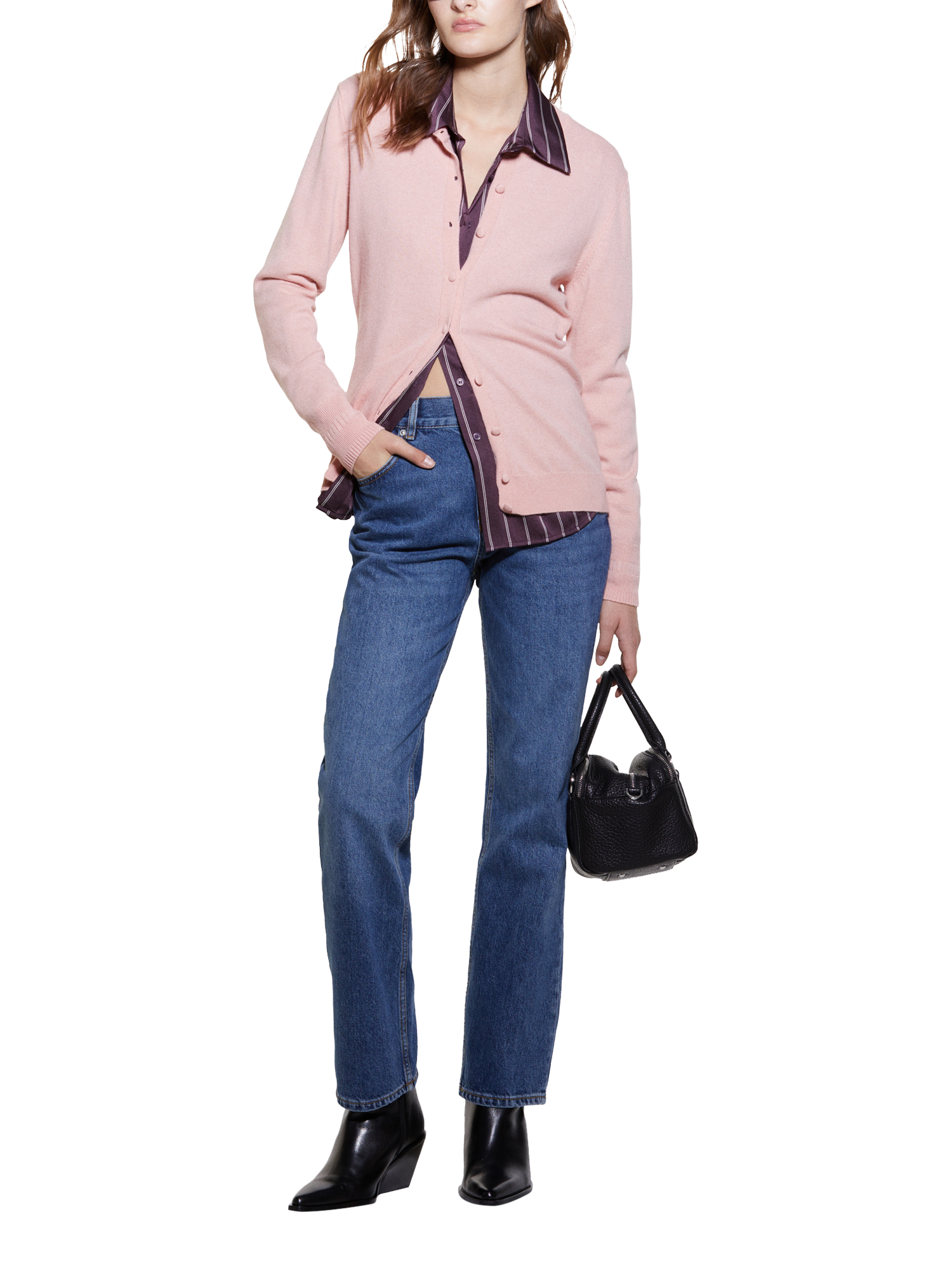 SISLEY Knit Round Neck Cardigan, Pink
