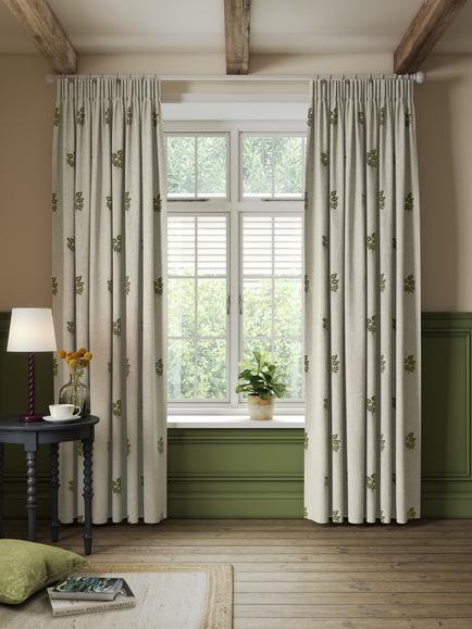 John Lewis Ariana Embroidered Pair Lined Pencil Pleat Curtains - view 2, Dark Olive