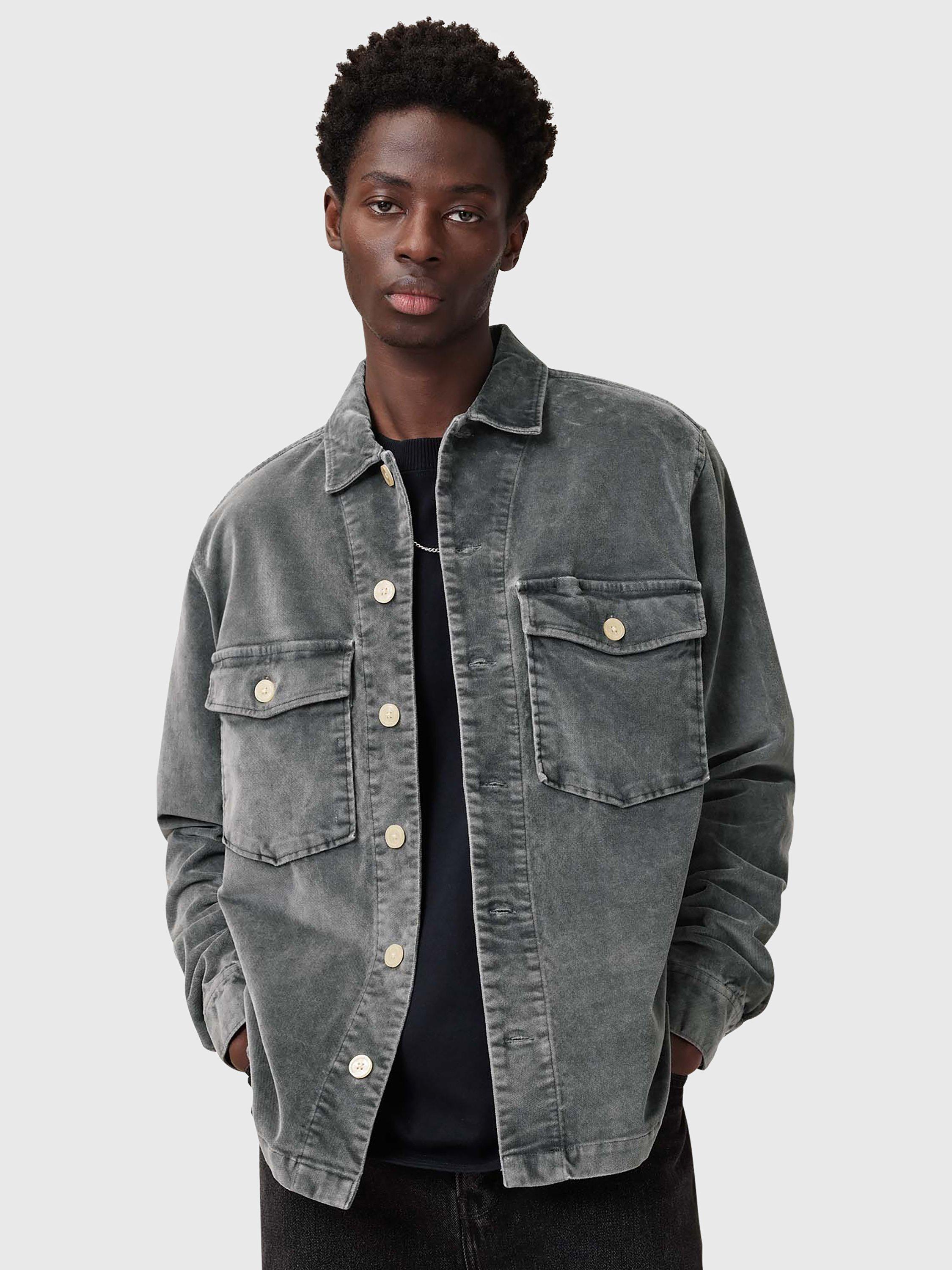 Product image 1 of 10, which shows AllSaints Harrier Cotton Blend Loose Fit Shirt, Grey, L
