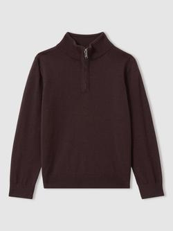 Reiss Kids' Blackhall Wool Zip Neck Jumper - view 2, Dark Bordeaux