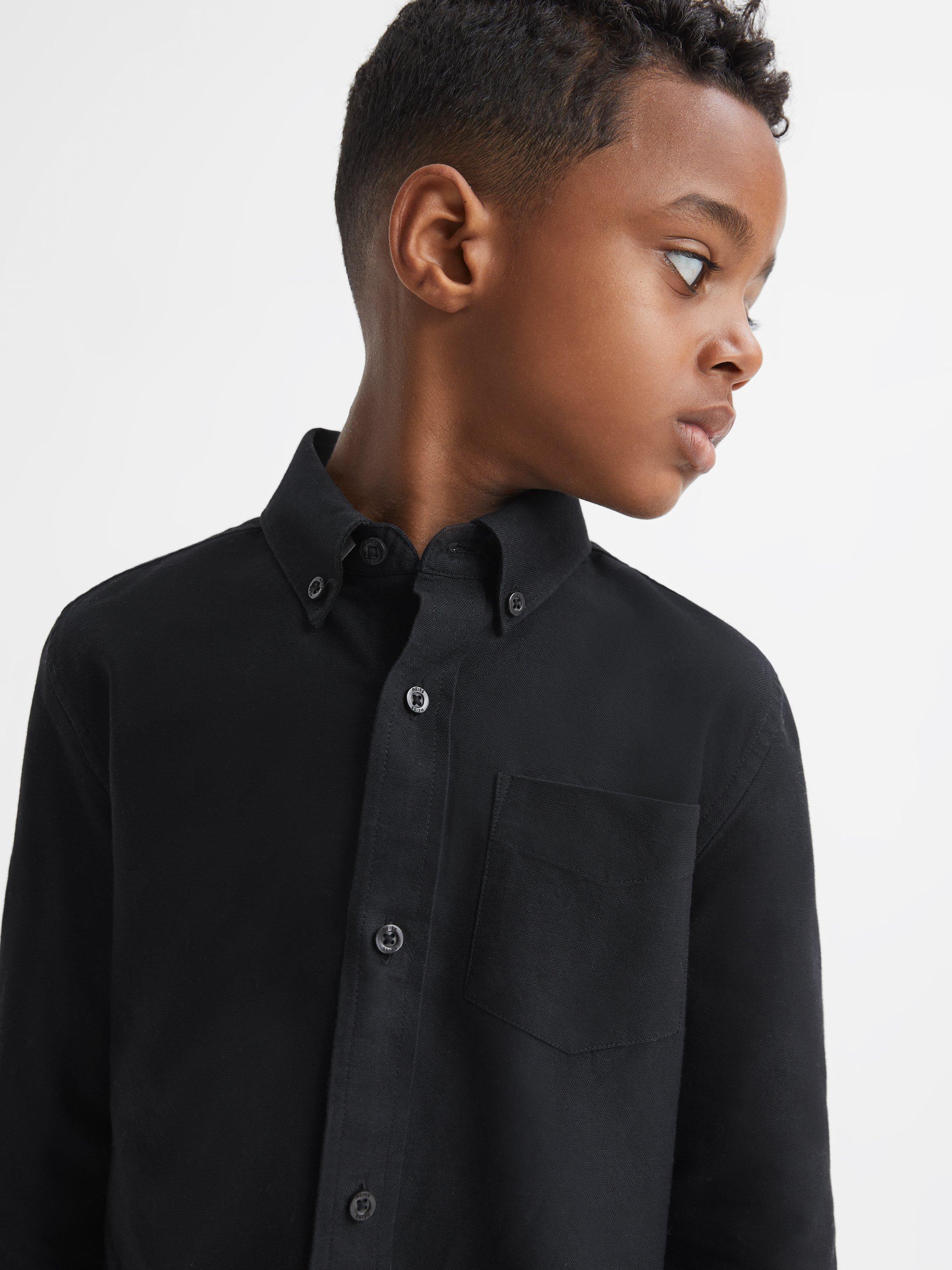 Product image 5 of 5, which shows Reiss Kids' Greenwich Cotton Oxford Shirt, Black, 3-4 years