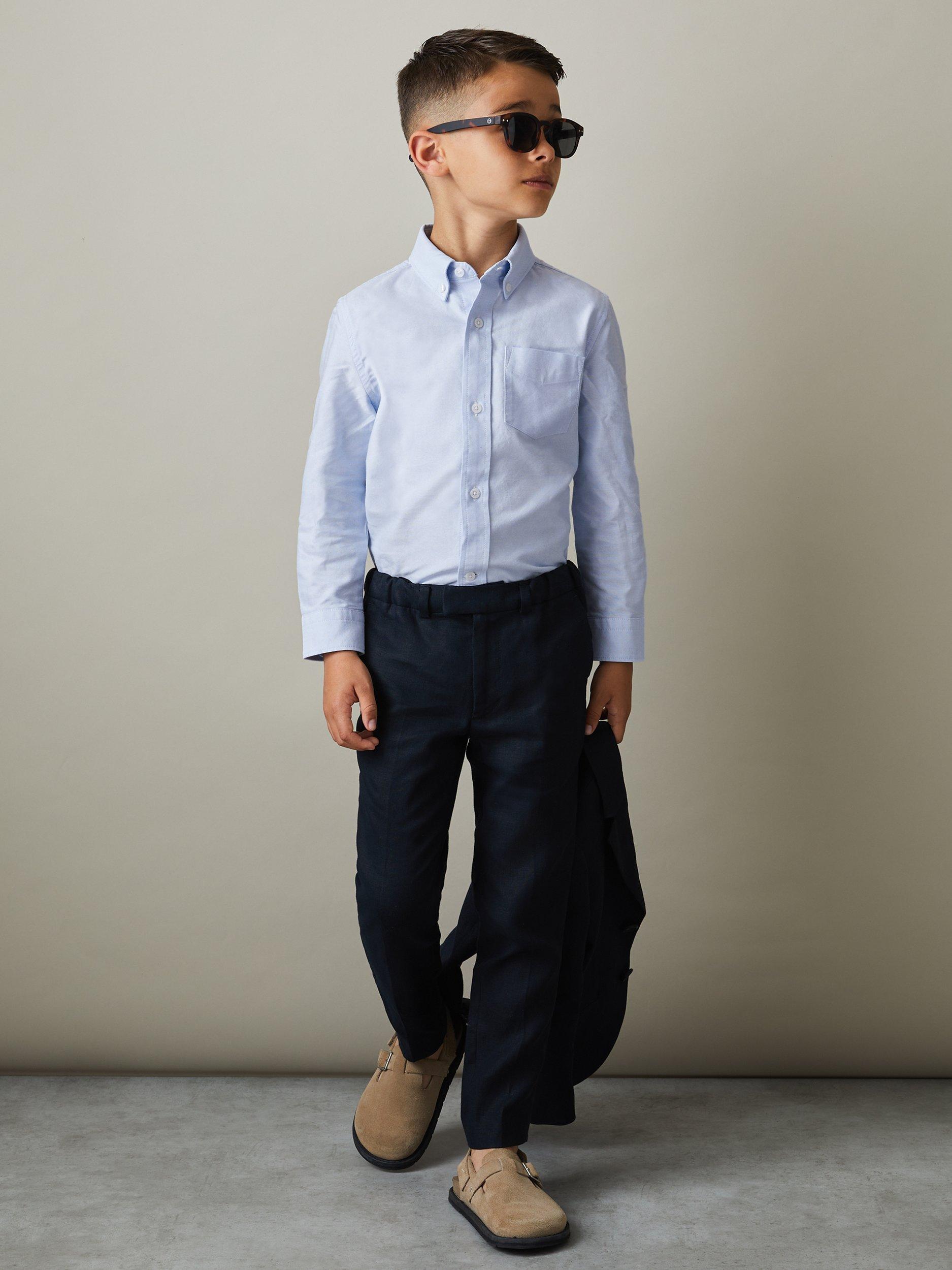 Product image 1 of 4, which shows Reiss Kids' Greenwich Cotton Oxford Shirt, Soft Blue, 3-4 years