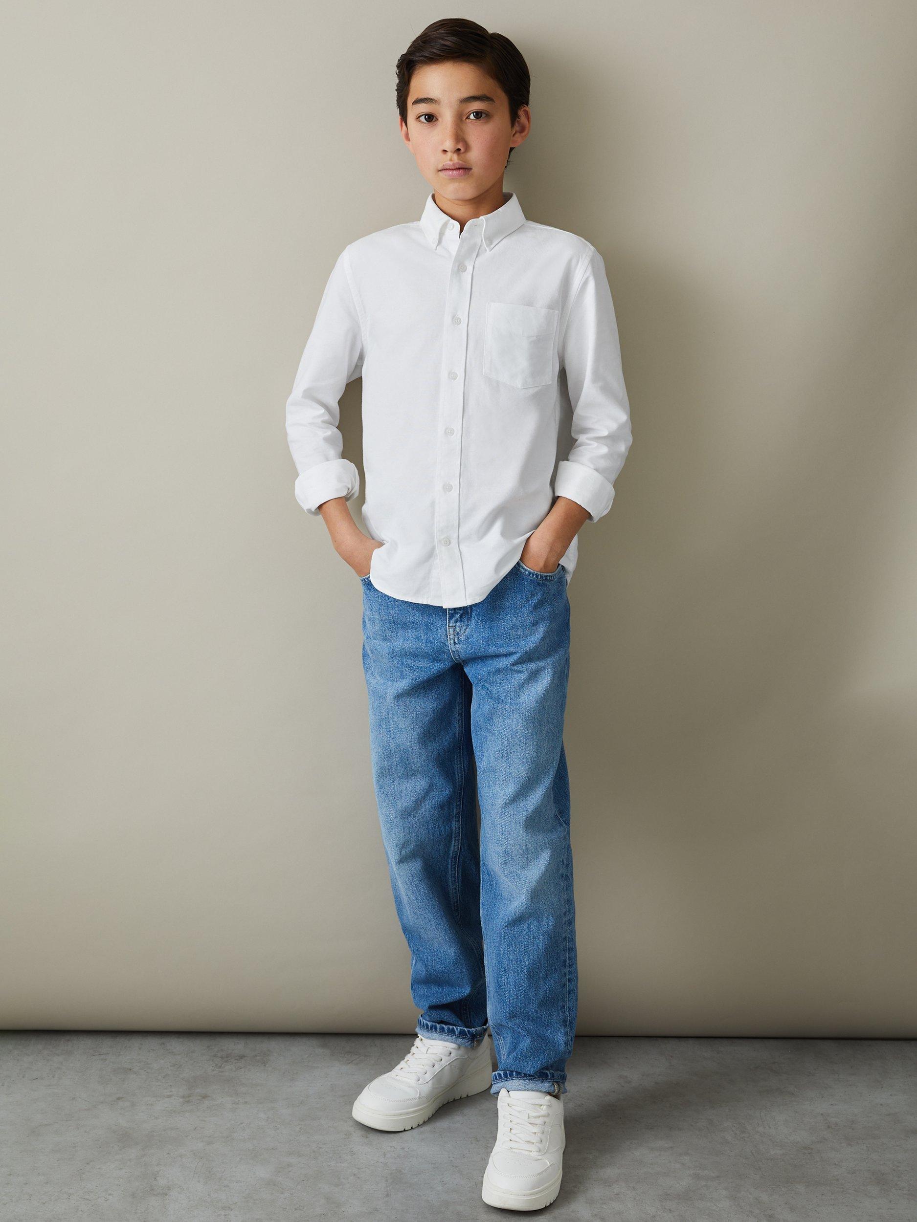 Product image 1 of 4, which shows Reiss Kids' Greenwich Cotton Oxford Shirt, White, 3-4 years