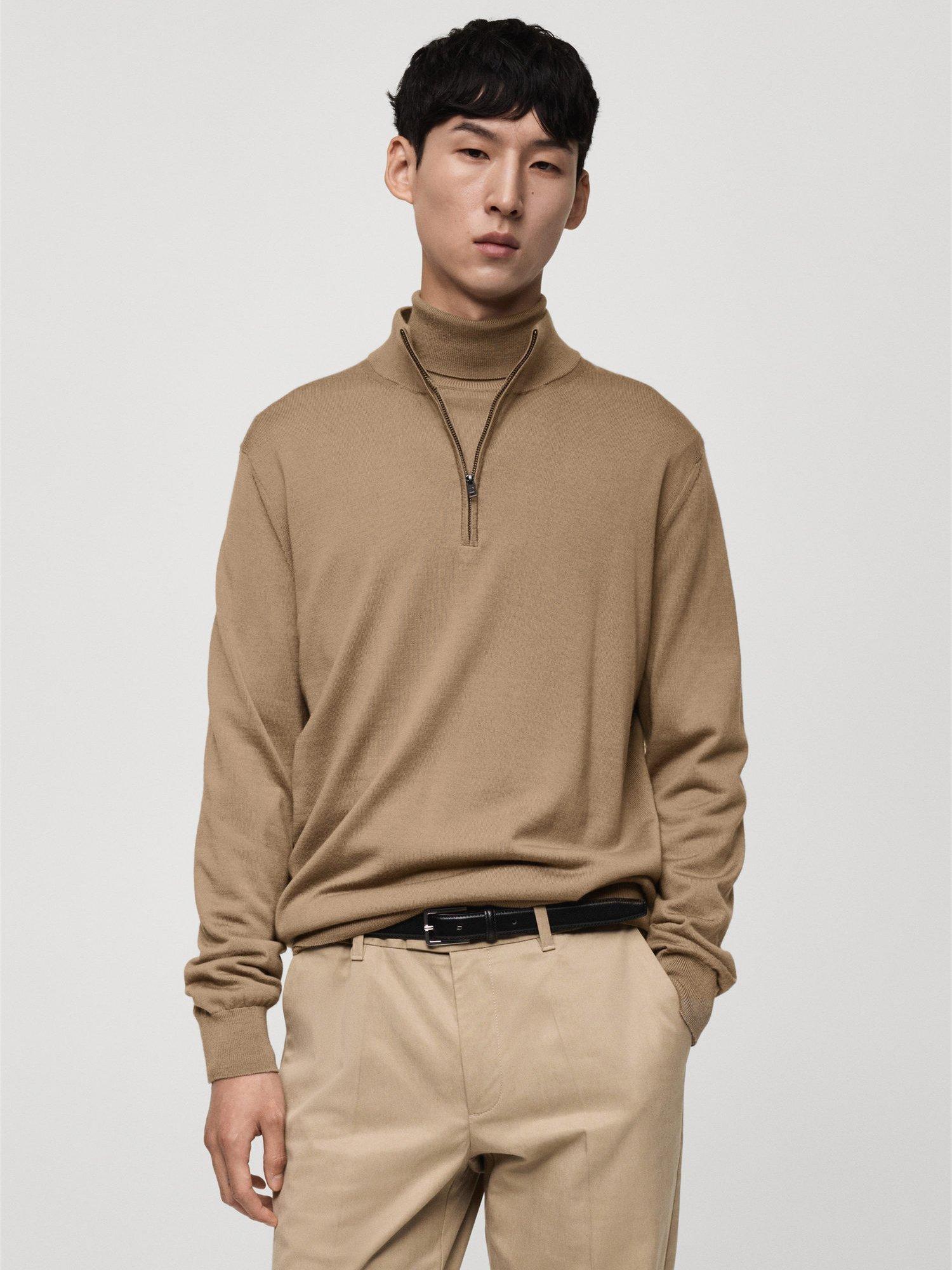 Mango Willy Merino Wool Zip Neck Jumper, Camel