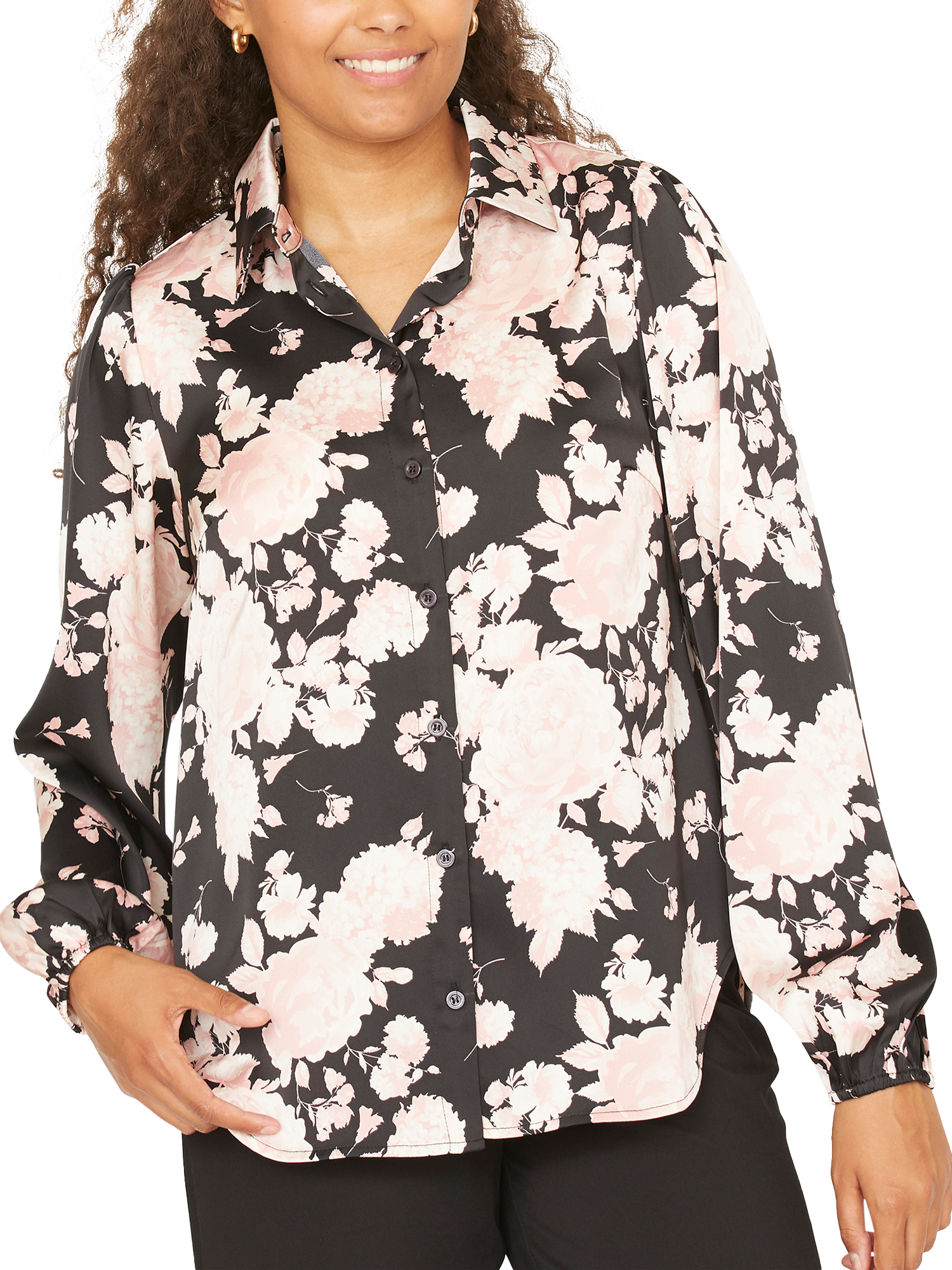 Product image 1 of 4, which shows Sisters Point Ebbey Floral Shirt, Black/Pink, XL