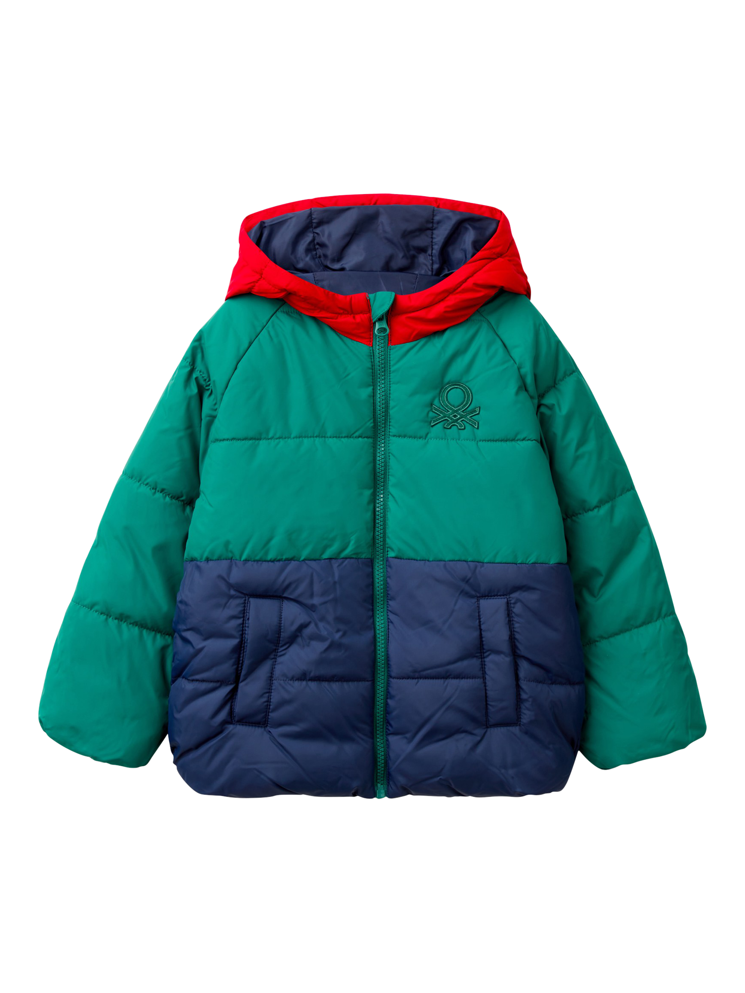 Benetton Kids' Quilted Colour Block Hooded Coat, Multi