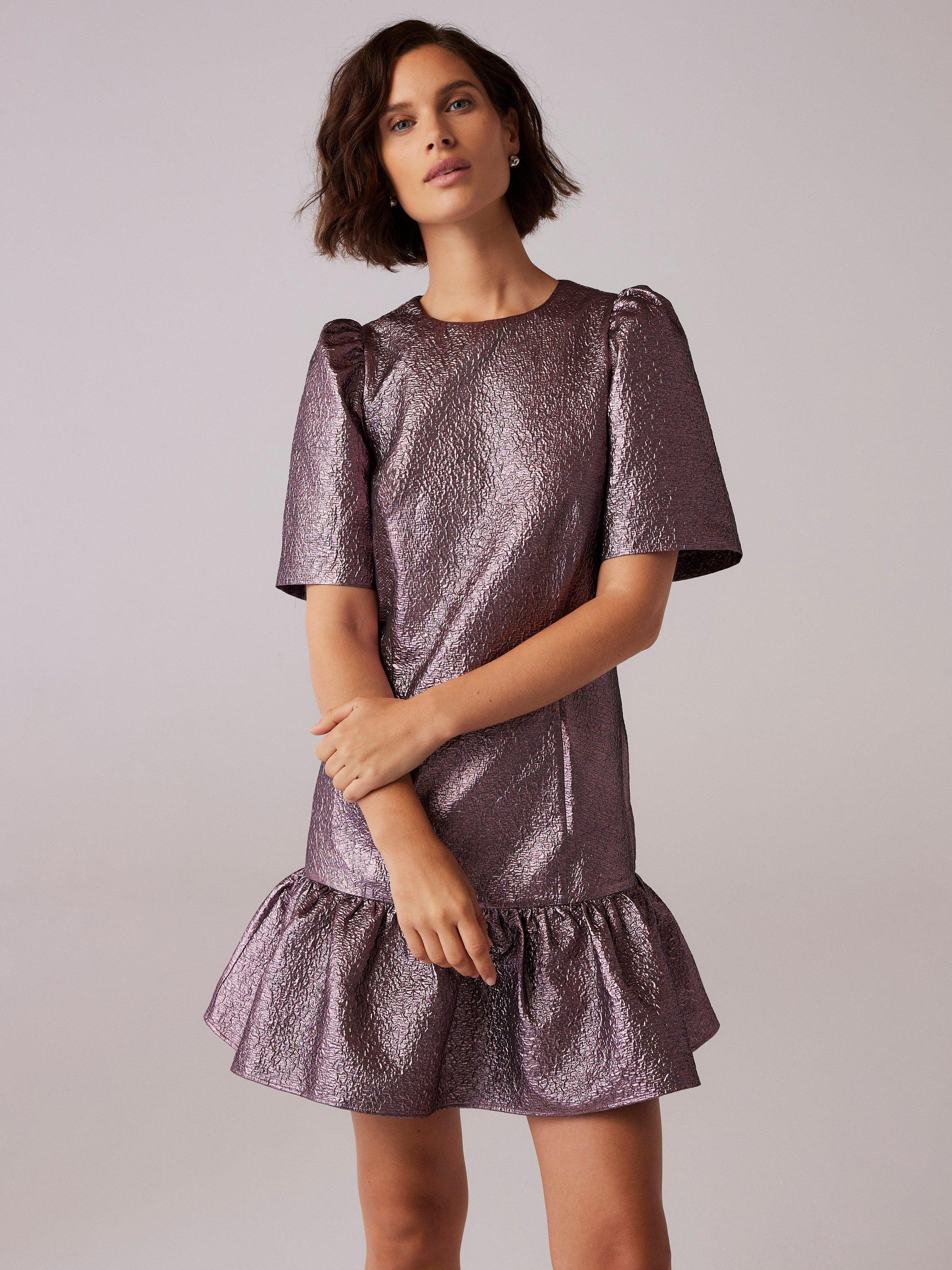 Mint Velvet Metalllic Frill Mini Dress, Pink
