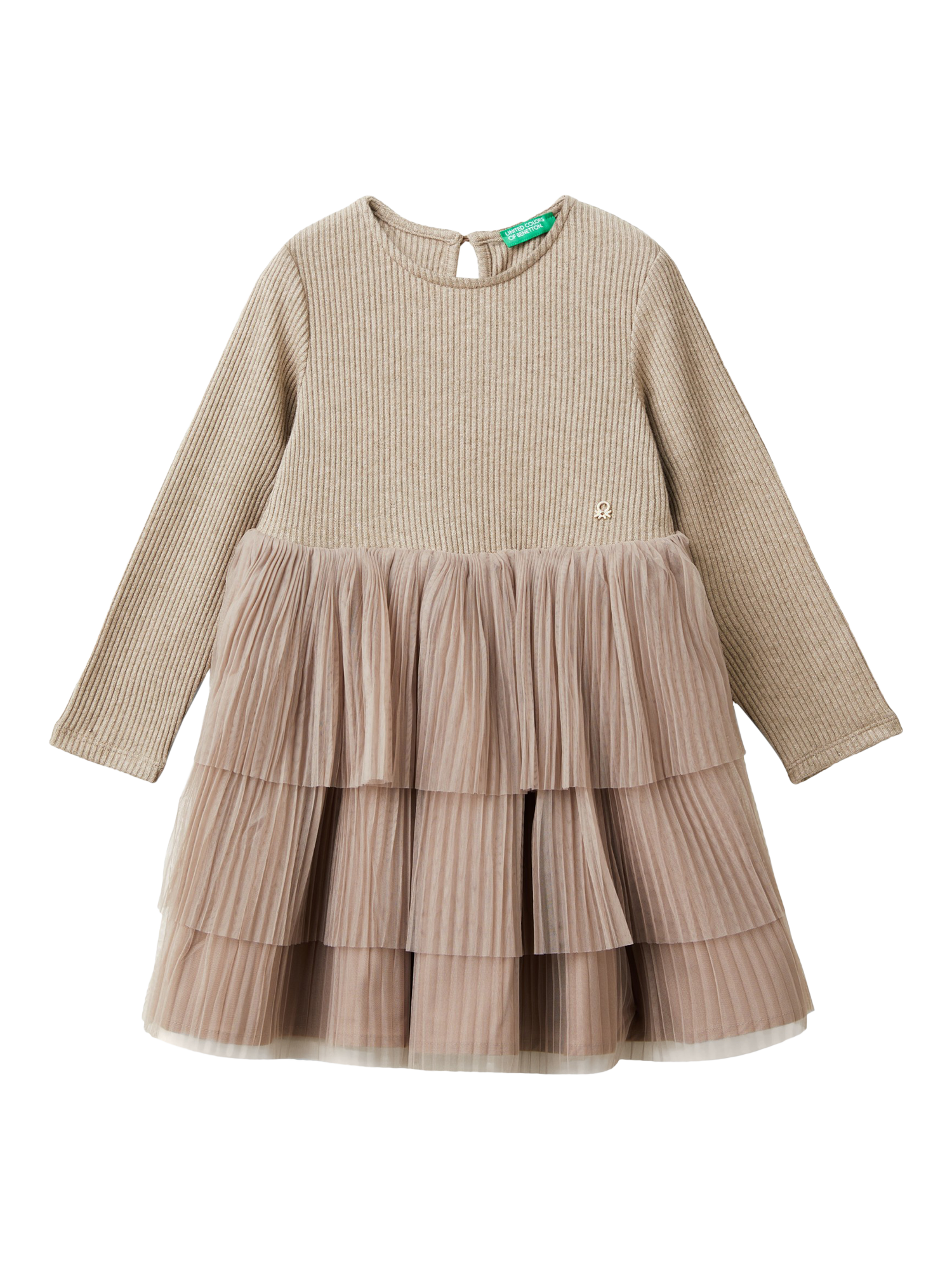 Benetton Kids' Plisset Tulle Tiered Dress, Taupe