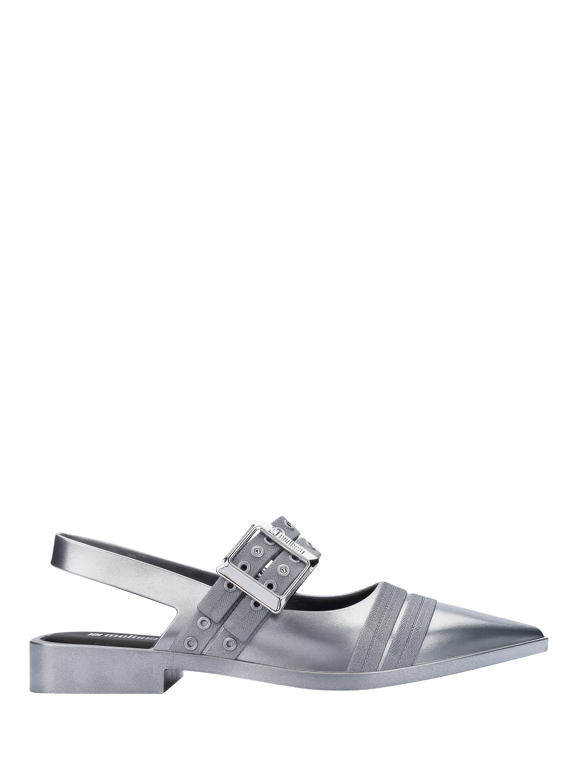 Product image 1 of 4, which shows Melissa Ladylike Jelly Pointed Slingback Ballet Flats, Silver/Black, 3