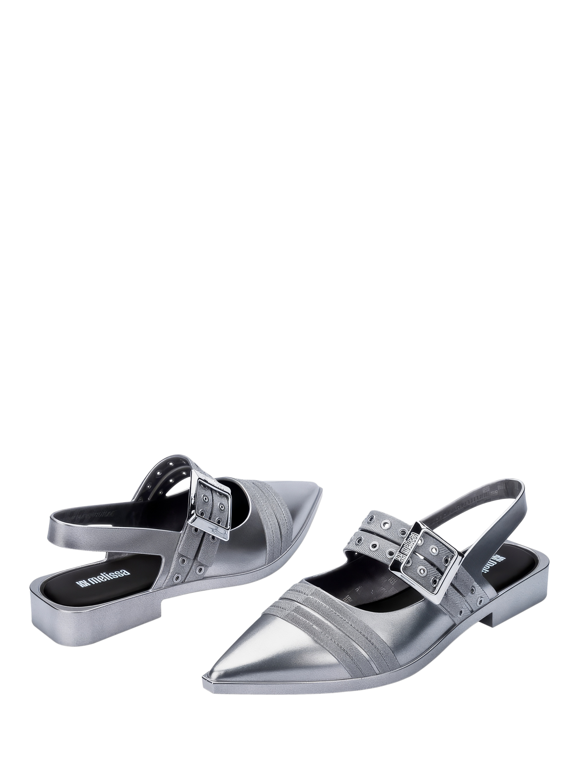 Product image 2 of 4, which shows Melissa Ladylike Jelly Pointed Slingback Ballet Flats, Silver/Black, 3