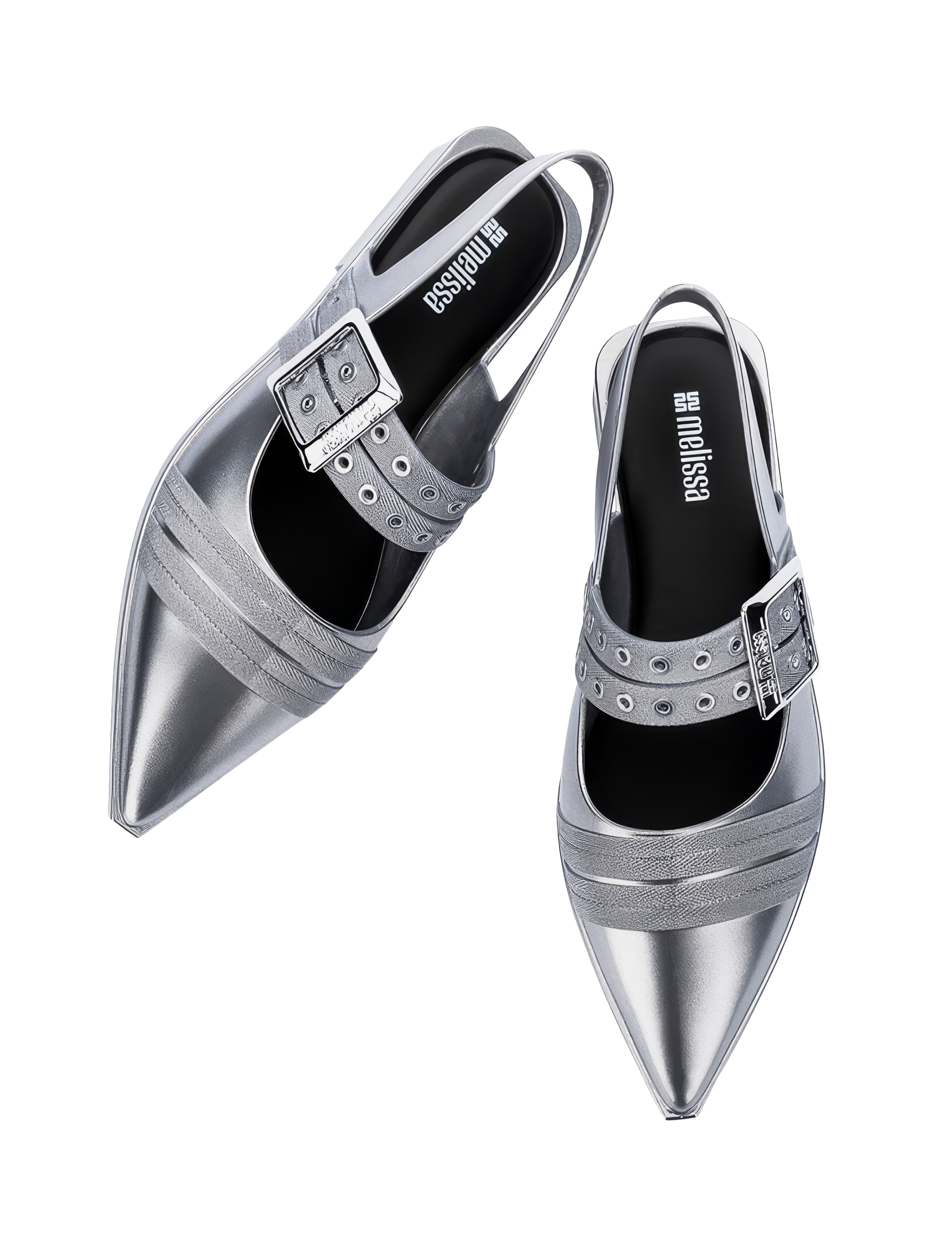 Product image 3 of 4, which shows Melissa Ladylike Jelly Pointed Slingback Ballet Flats, Silver/Black, 3
