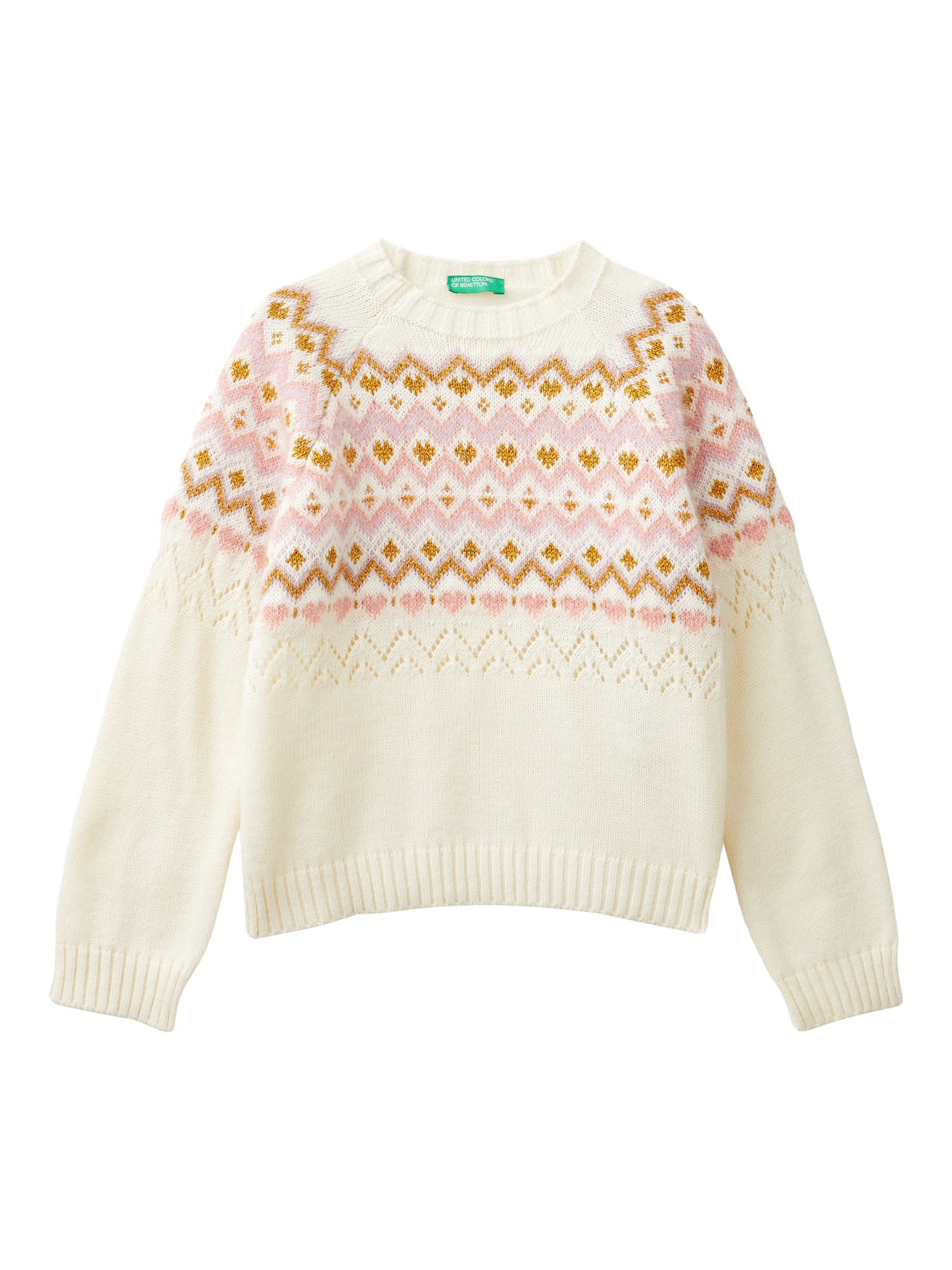 Benetton Kids' Metallic Fair Isle Jumper, Cream/Multi