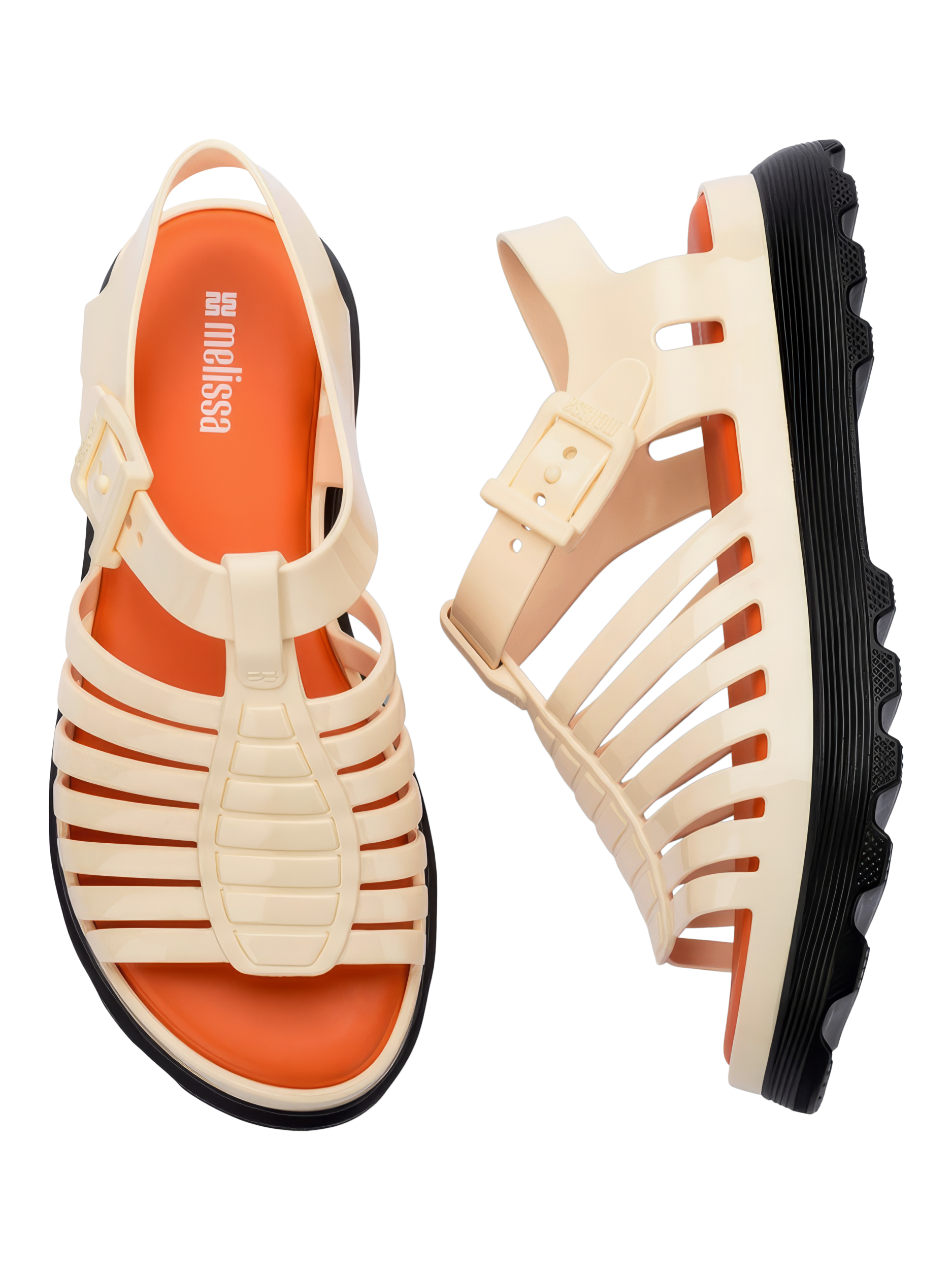Product image 3 of 4, which shows Melissa Gloria Jelly Platform Sandals, Black/Beige/Orange, 3