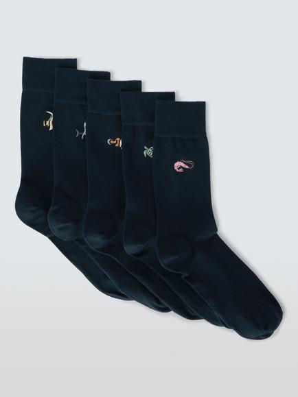 John Lewis Organic Cotton Blend Sea Creature Socks, Pack of 5, Black Multi, Black Multi