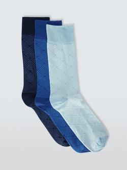 John Lewis Organic Cotton Blend Geometric Tile Pattern Socks, Pack of 3, Blue Multi, Blue Multi